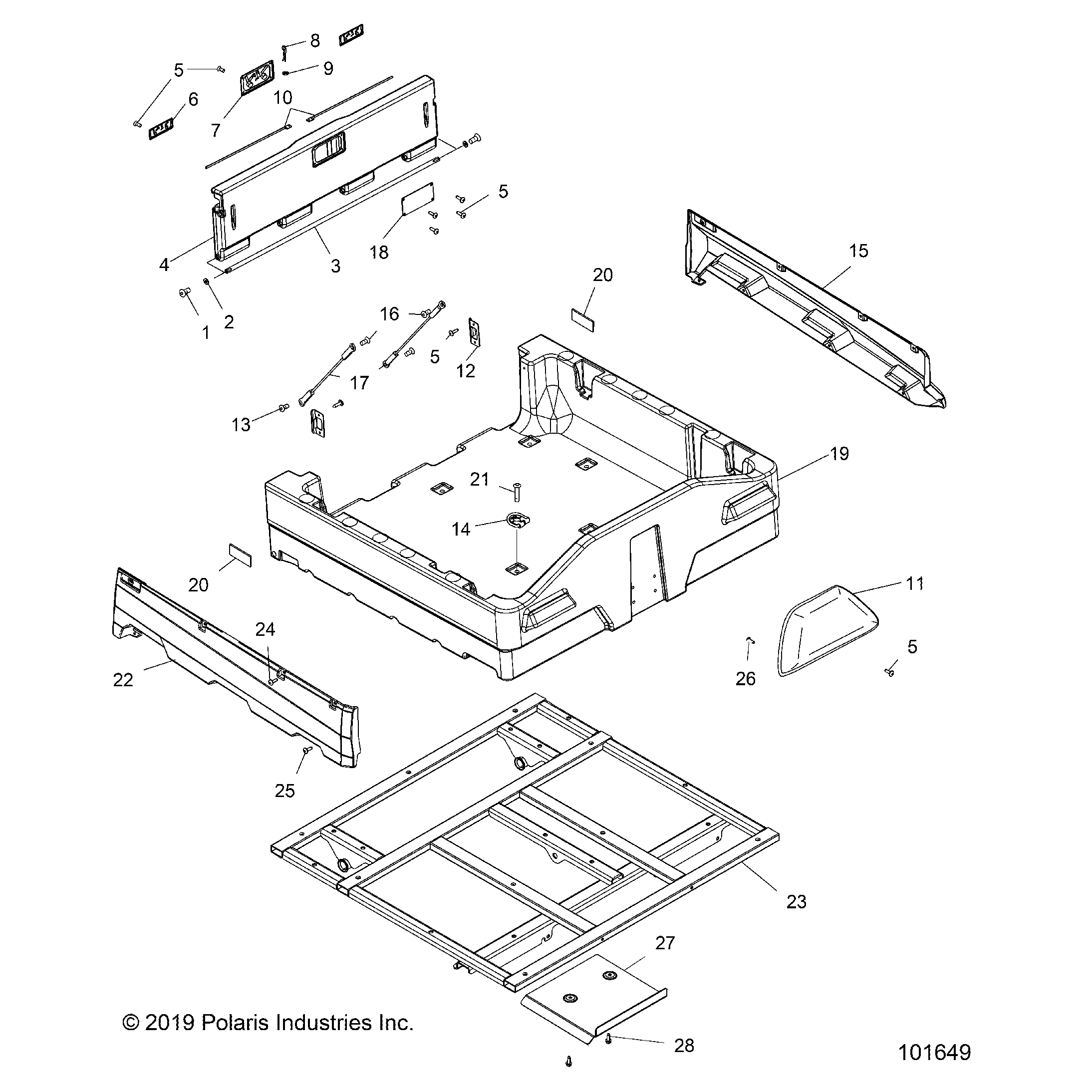 An Image of a Genuine Polaris Parts Schematic Diagram showing the schematic - BODY: DUMP BOX - 2021 POLARIS SPORTSMAN 570 6X6