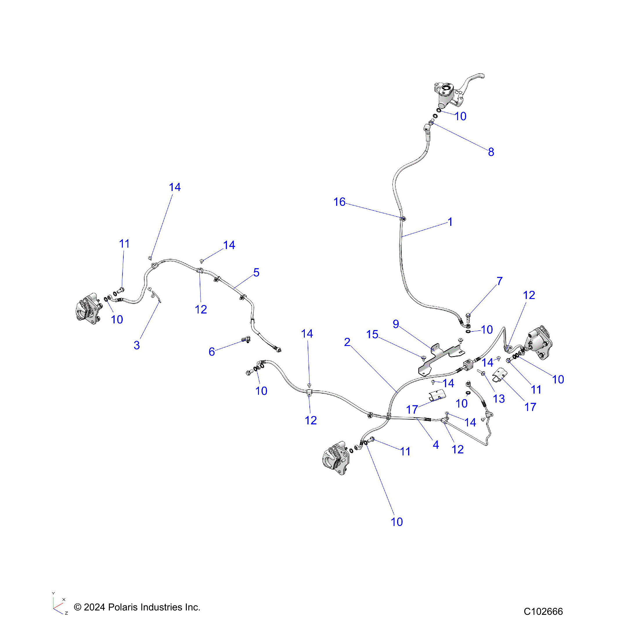 An Image of a Genuine Polaris Parts Schematic Diagram showing the schematic - BRAKES: BRAKE LINES - 2026 POLARIS SPORTSMAN TOURING 570 ULTIMATE
