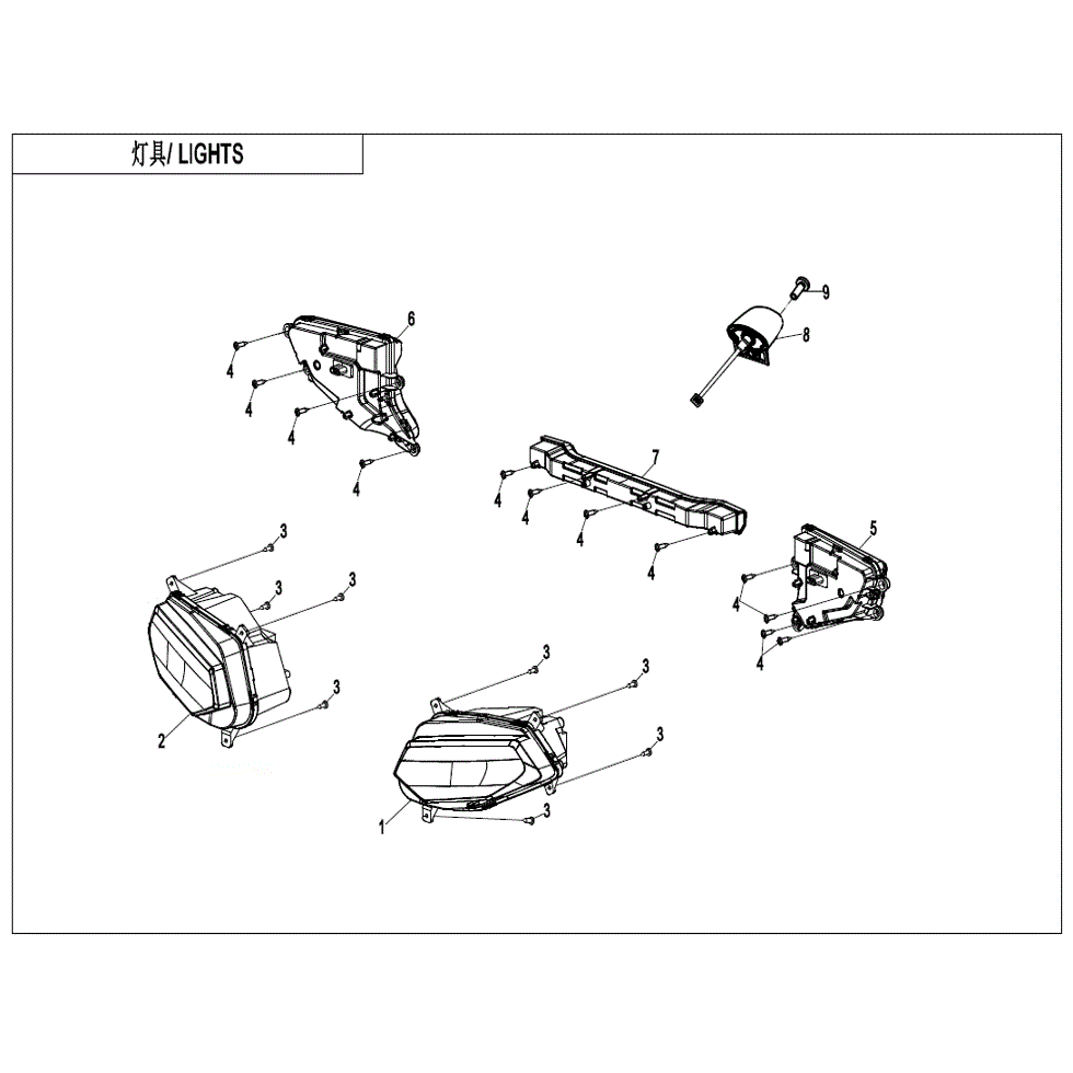 An Image of a genuine CFMOTO Parts Schematic Diagram showing the group - LIGHTS - 2022 CFMOTO CFORCE 600 Touring