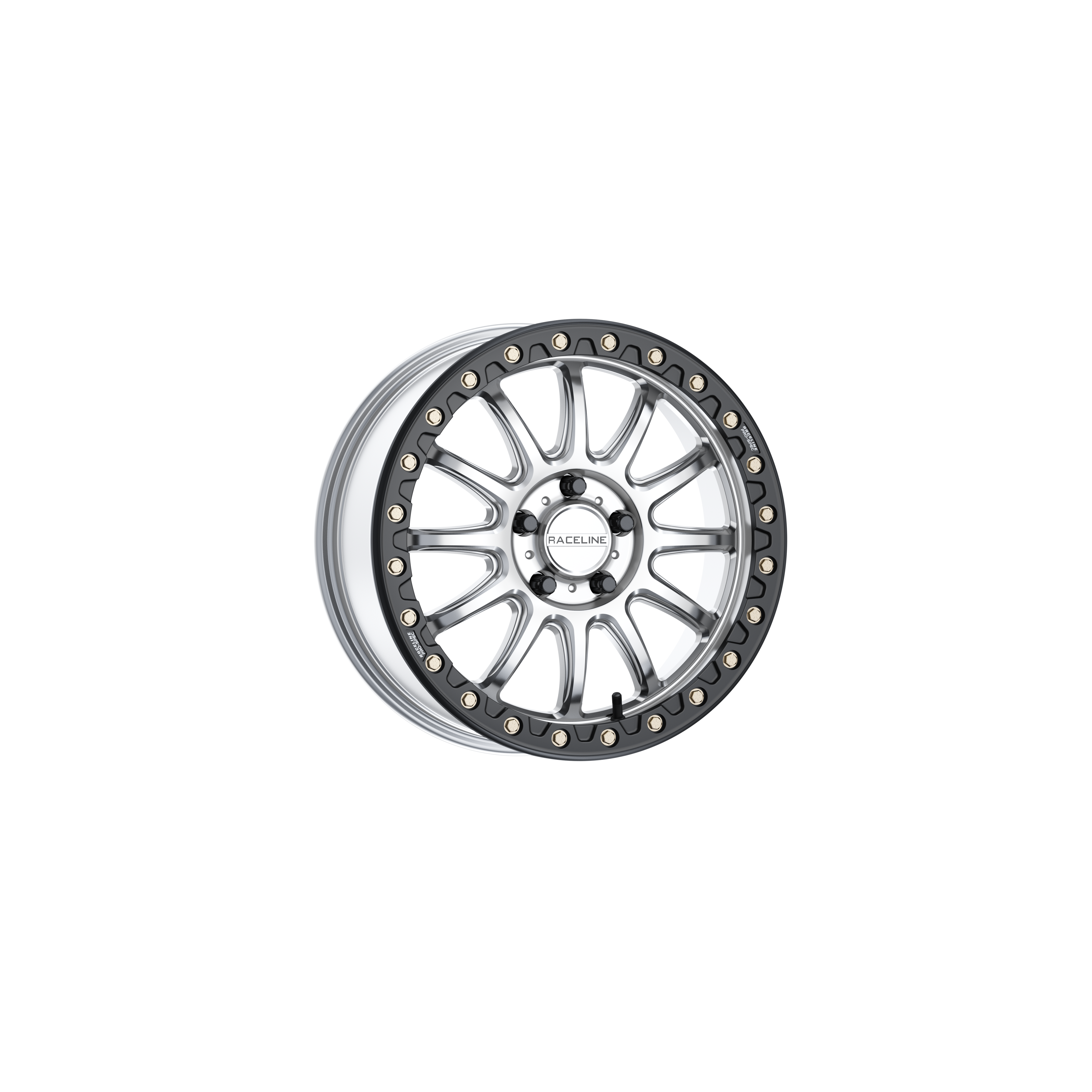 The ATV/UTV Alpha Beadlock 17x7 5/4.5 (+25mm) Silver/Black by Raceline features a silver alloy multi-spoke rim, black beadlock ring with gold bolts, “Raceline” center cap, fits Polaris RZR R (5x114.3 bolt pattern), on a transparent background.