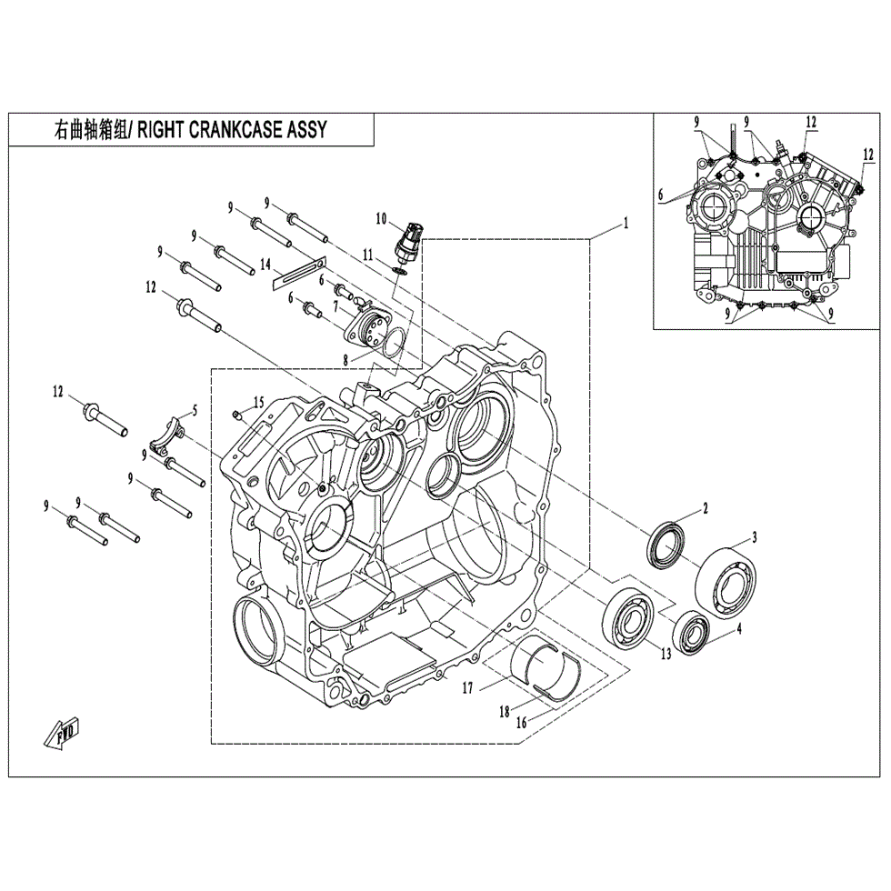 An Image of a genuine CFMOTO Parts Schematic Diagram showing the group - RIGHT CRANKCASE ASSY. - 2023 CFMOTO CFORCE 600 TOURING