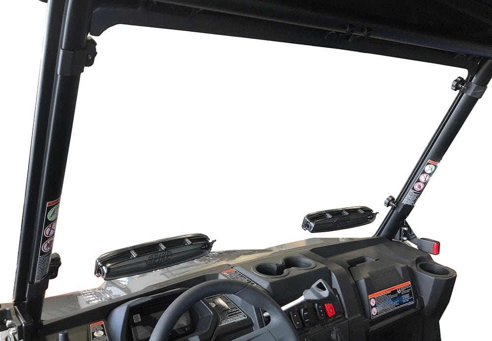 View from inside a CFMOTO U-Force 600 / 800 (2022) showing the dashboard, steering wheel, cup holders, speakers, and a Spike Vented Tool-less Rapid Release Full Windshield that offers protection and clear visibility against a white background.