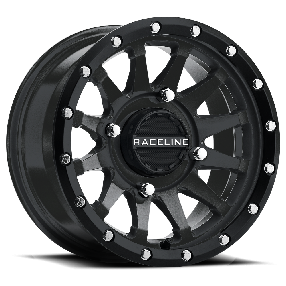 Black 15x7 ATV/UTV wheel with 10mm offset, multi-spoke design and silver rivet accents.
