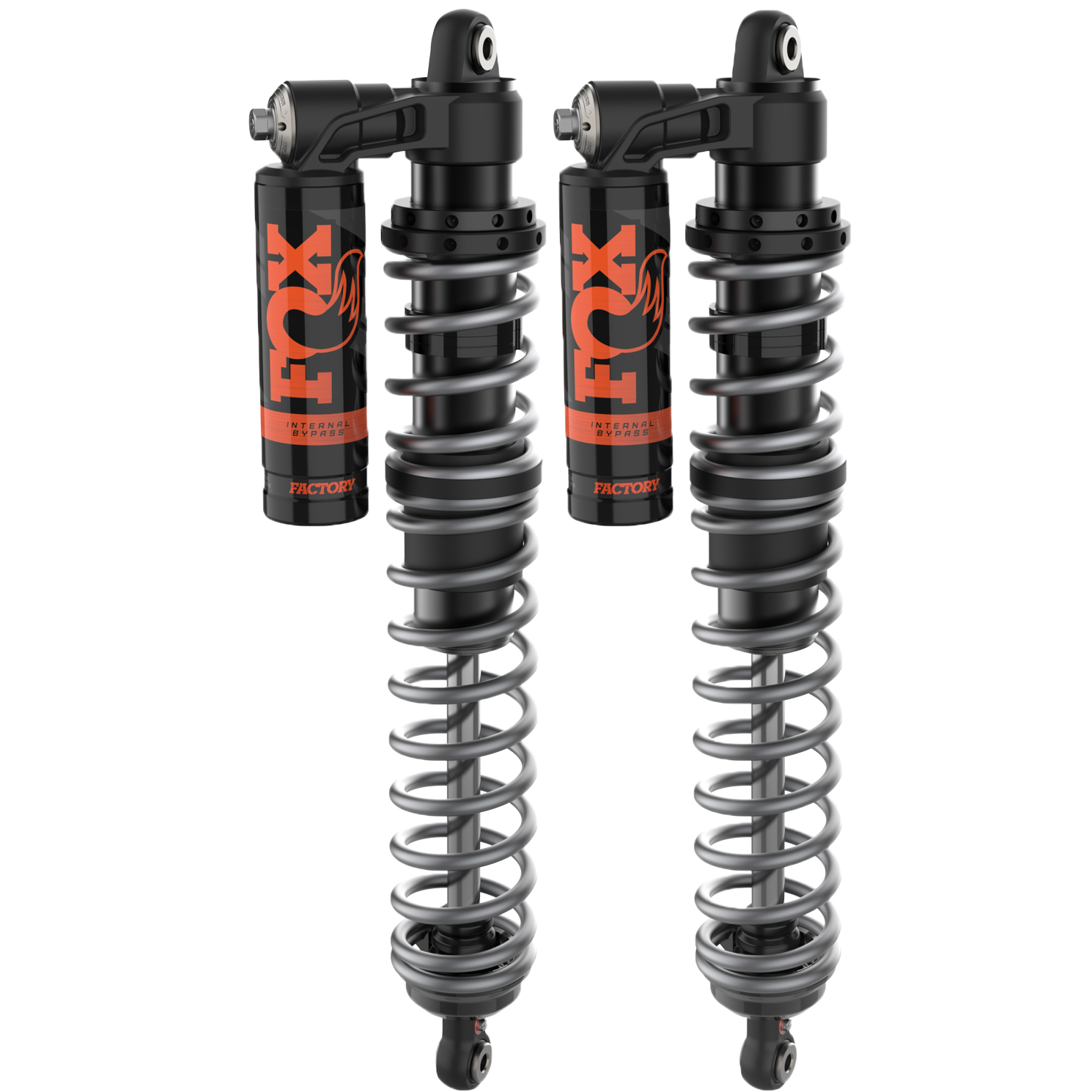 Two black Honda Talon 1000R (2 Seat) (Front) 2.5 Internal Bypass Shocks by Fox with silver springs are shown side by side on a white background, featuring orange FOX branding and durable high-performance design.