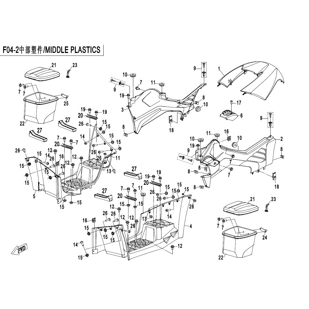 An Image of a genuine CFMOTO Parts Schematic Diagram showing the group - MIDDLE PLASTICS - 2017 CFMOTO CFORCE 800