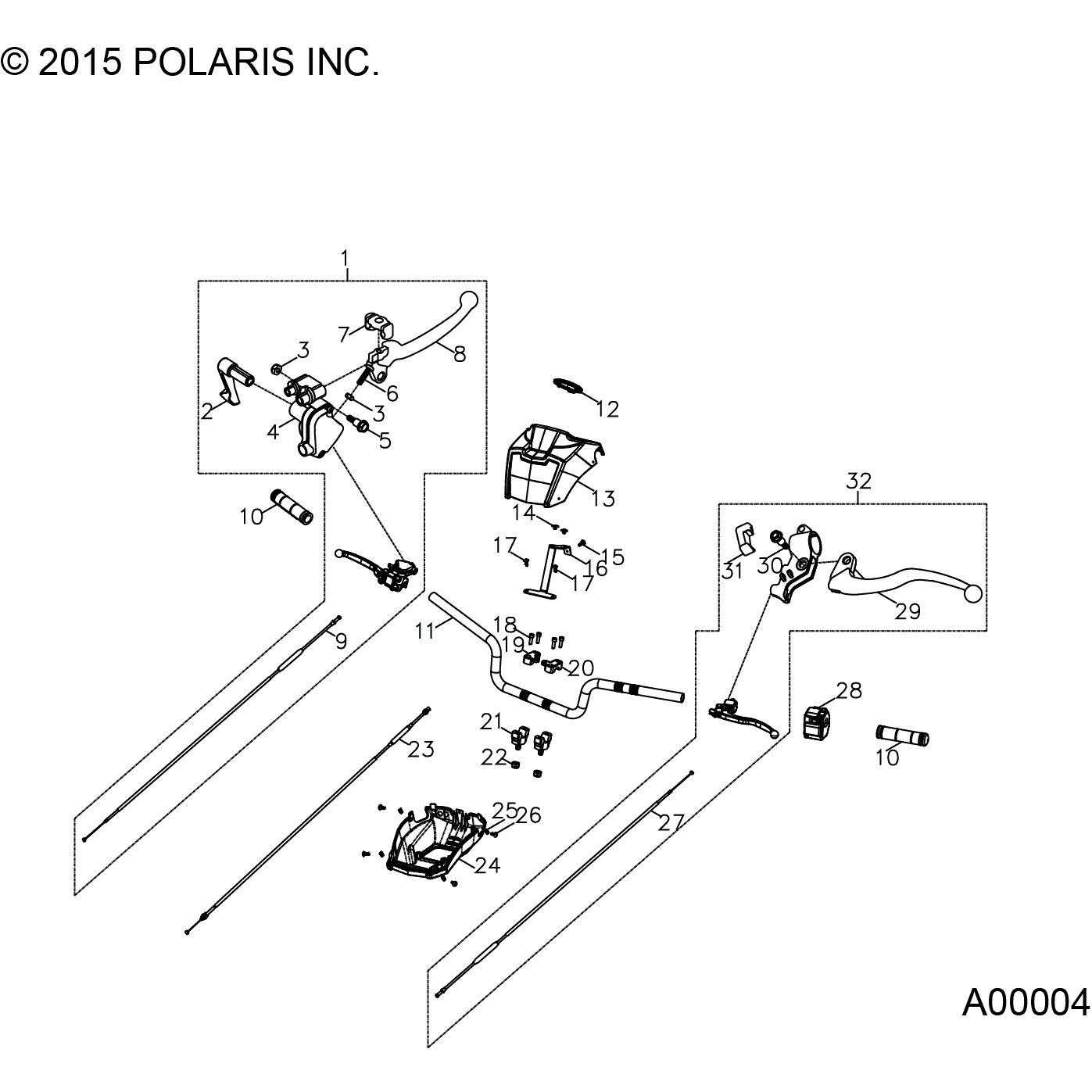 An Image of a Genuine Polaris Parts Schematic Diagram showing the schematic - STEERING: HANDLEBAR - 2016 POLARIS SPORTSMAN 110