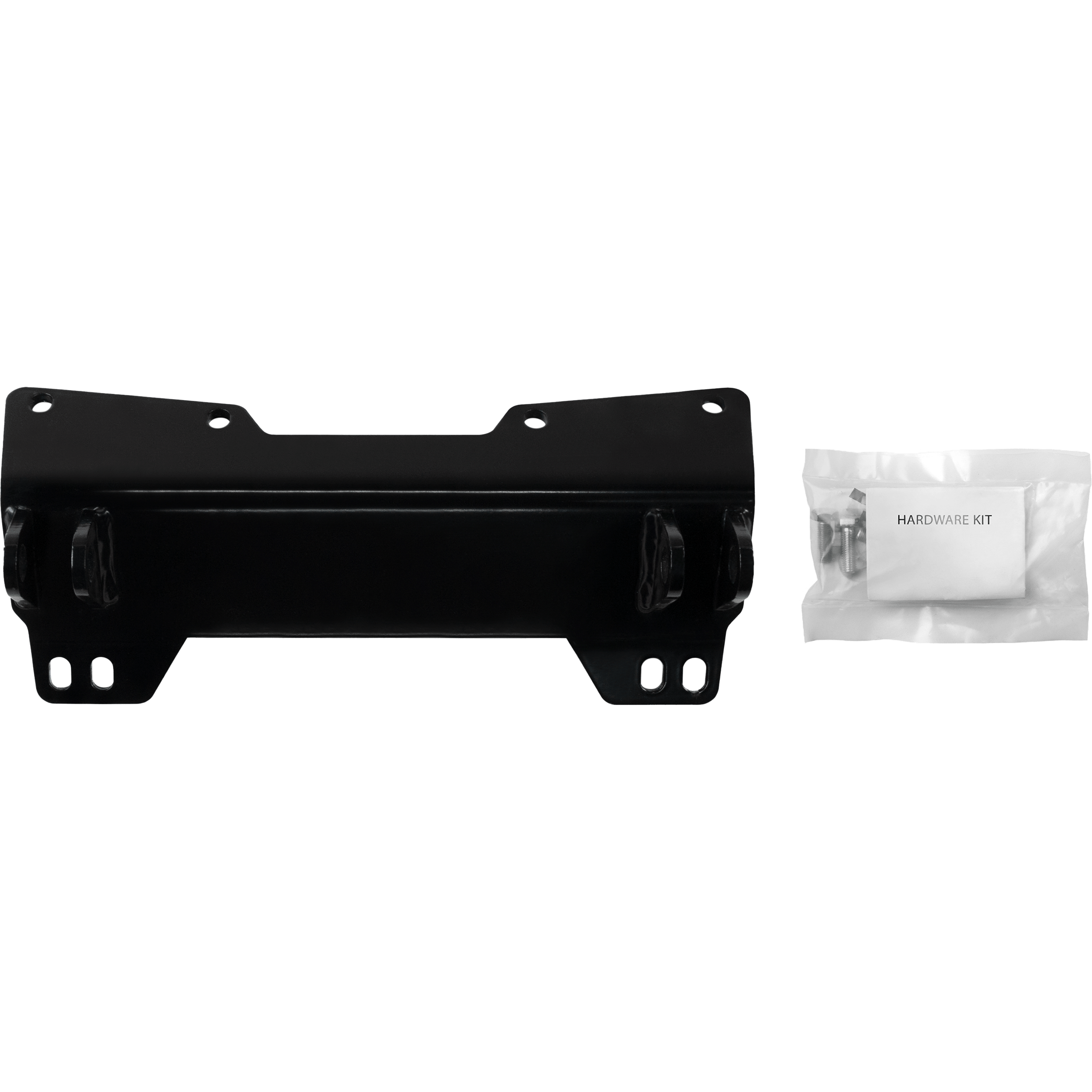 The UTV Plow Mount by Open Trail is shown in black metal beside a sealed plastic bag labeled HARDWARE KIT, which includes screws and installation components.