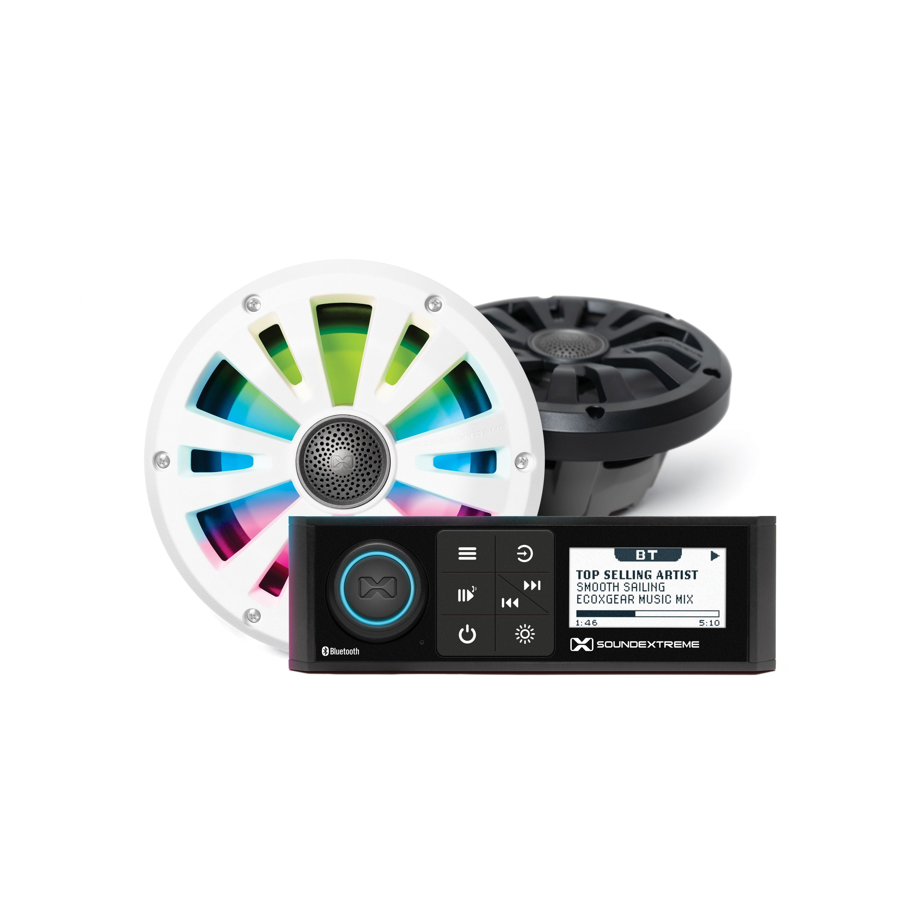 The Marine Din Radio LED Controller with two 6.5 speakers by EcoXGear features round, white-rimmed speakers with colorful LED lights and a black digital audio receiver displaying Bluetooth music playback info.