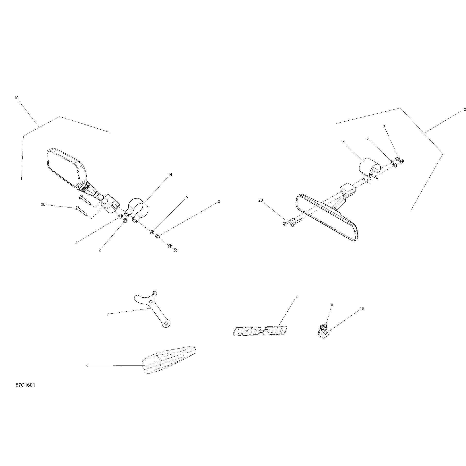 An Image of a Genuine Can-Am Parts Schematic Diagram showing the schematic - MIRRORS AND TOOLS