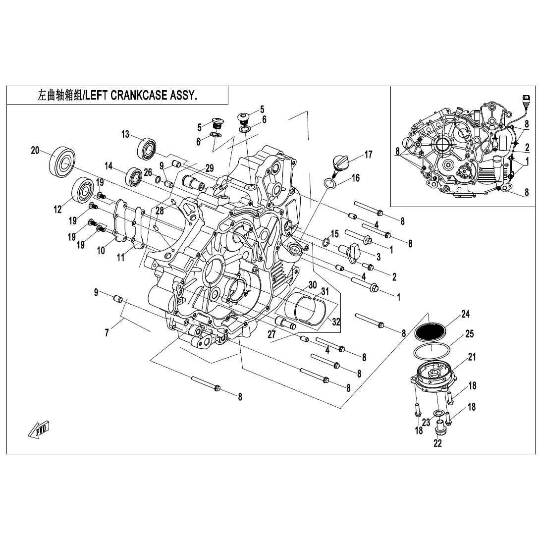 An Image of a genuine CFMOTO Parts Schematic Diagram showing the group - LEFT CRANKCASE ASSY - 2025 CFMOTO CFORCE 600 TOURING