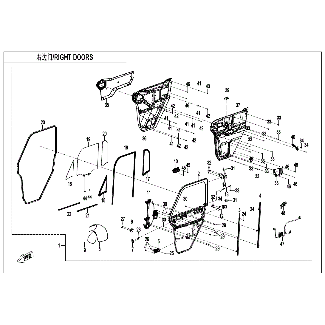 Exploded diagram of a UTV & ATV’s right door assembly, highlighting parts like the RH Glass Lifter Switch by CF Moto. Includes English and Chinese labels for part identification. Perfect for finding CFmoto OEM parts at Witchdoctors.com.