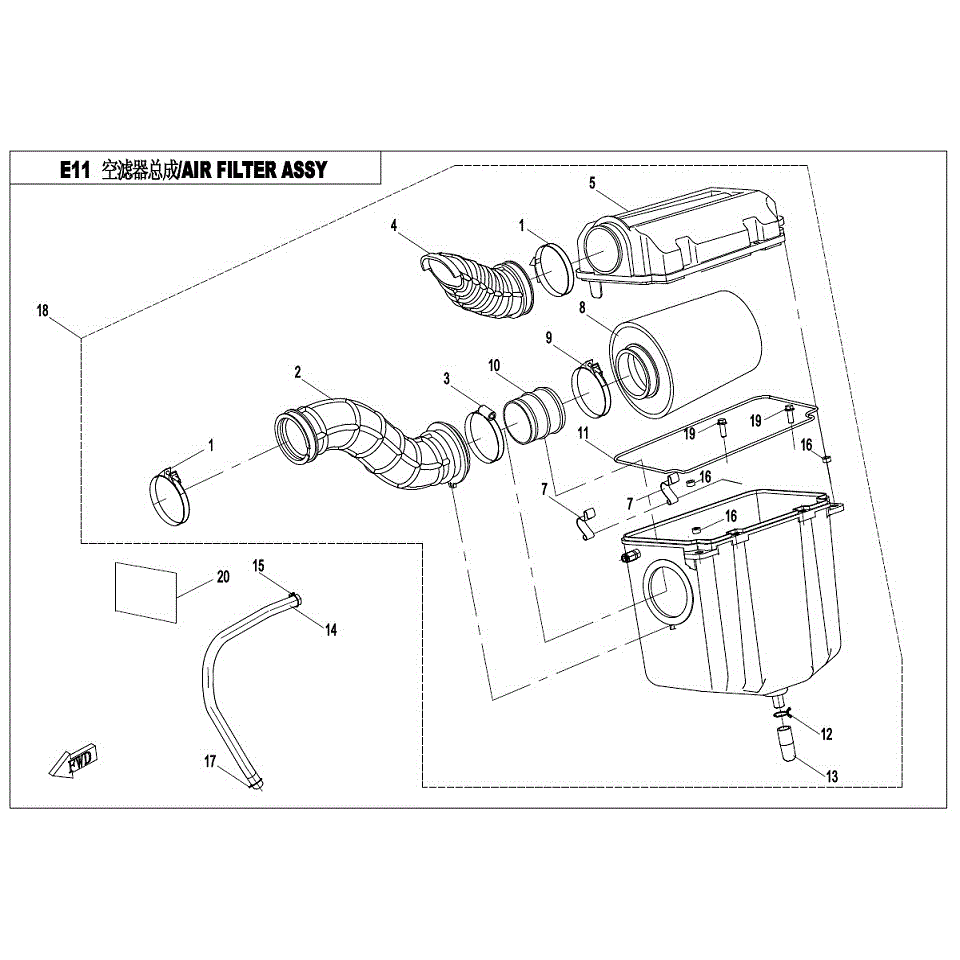 An Image of a genuine CFMOTO Parts Schematic Diagram showing the group - AIR FILTER ASSY - NEW - 2017 CFMOTO CFORCE 400