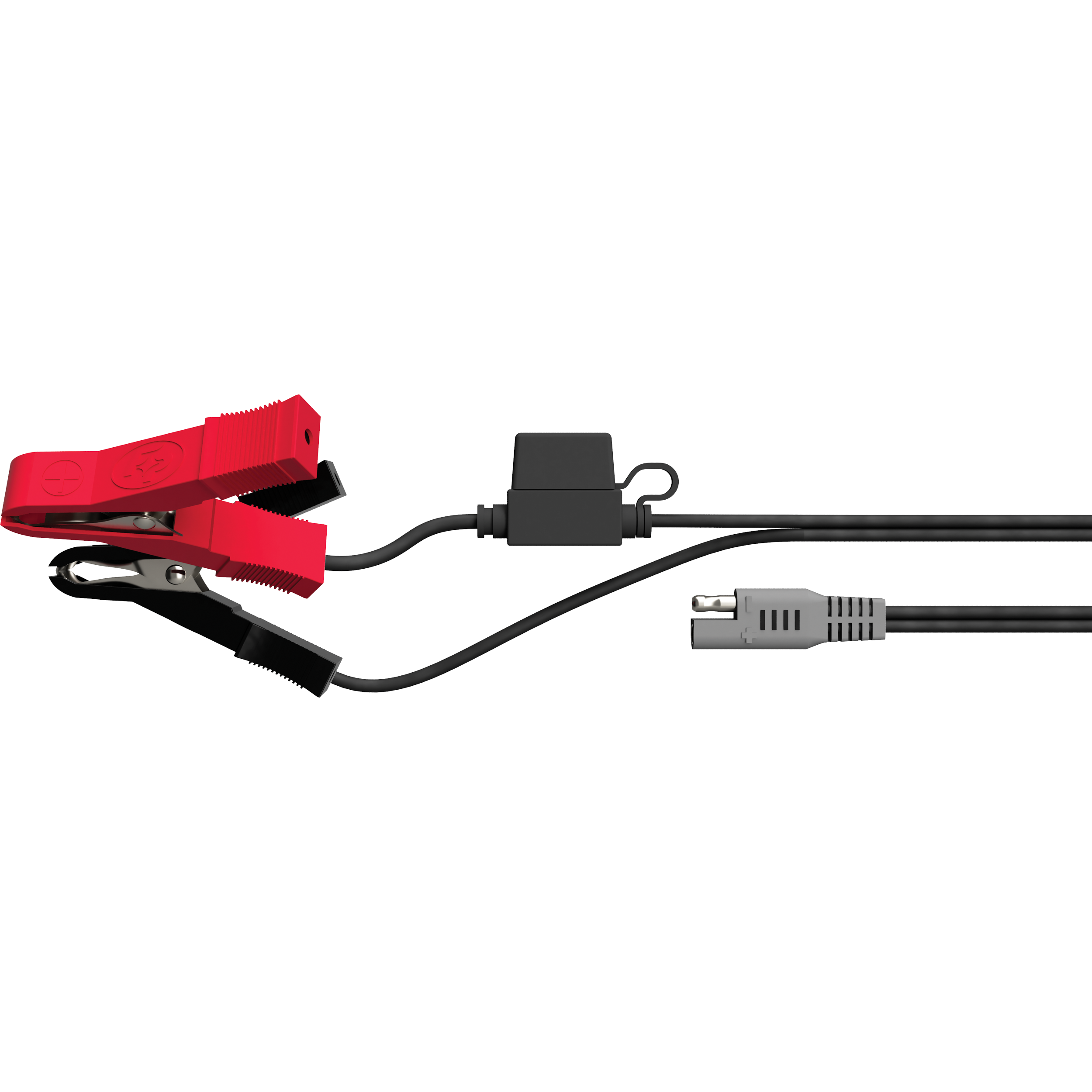 The Alligator Clamp Cable by Fire Power features red and black clamps on one end, a gray plug connector on the other, black wires, and a compact black control box in the center.