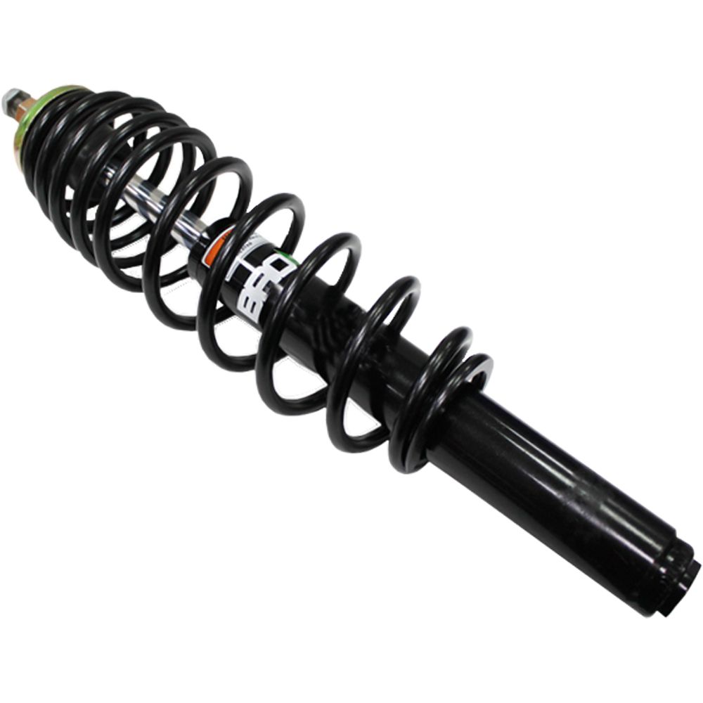 A black Polaris UTV/ATV Front Gas Shock by Bronco with a coiled spring is shown at an angle on a white background—ideal for UTV/ATV suspension from Witchdoctors.com.