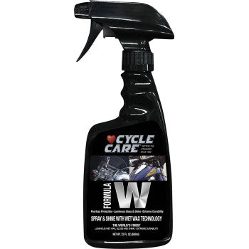 A black spray bottle labeled "Formula with Wax Spray 22 U.S. fl oz. by Cycle Care Formulas," features bike graphics and highlights a high gloss, clear coat safe finish for motorcycles.