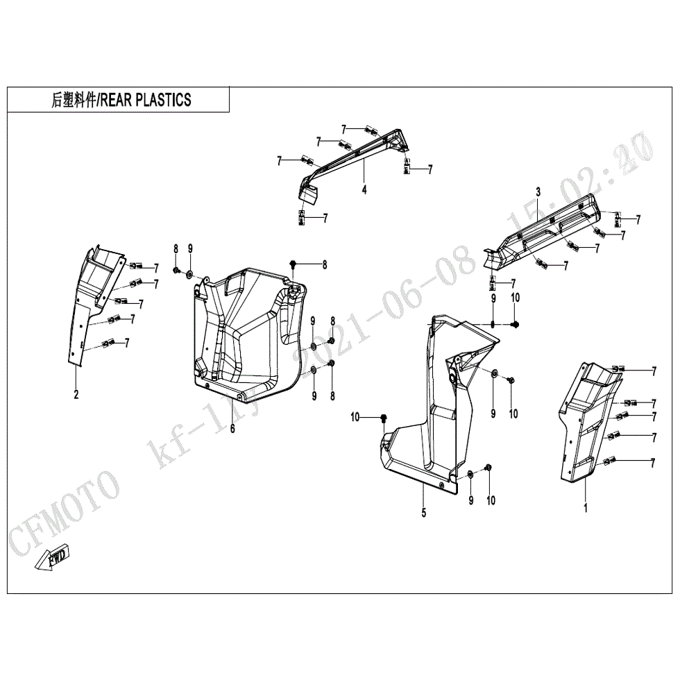 An Image of a Genuine CFMOTO Parts Schematic Diagram showing the schematic - REAR PLASTICS - 2022 CFMOTO UFORCE 1000