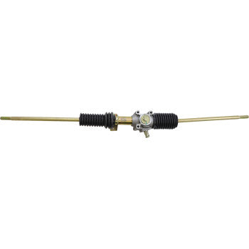 The Steering Rack by Moose Offroad features a metal assembly with black accordion-style rubber boots, a central mounting bracket, and two gold-colored tie-rod ends extending outward.