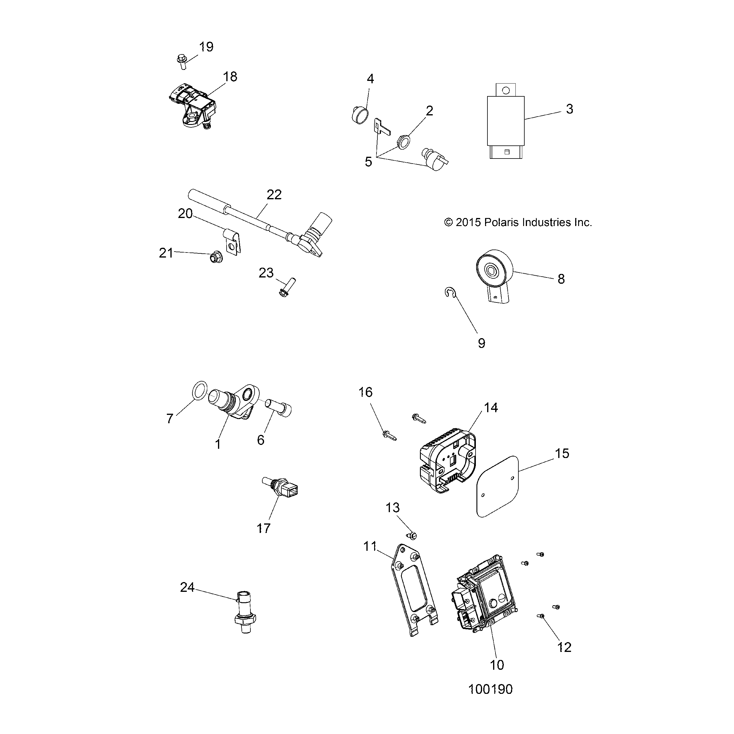 An Image of a Genuine Polaris Parts Schematic Diagram showing the schematic - ELECTRICAL: SWITCHES SENSORS and ECM MODULES - 2016 POLARIS SPORTSMAN 570 EFI UTE HD