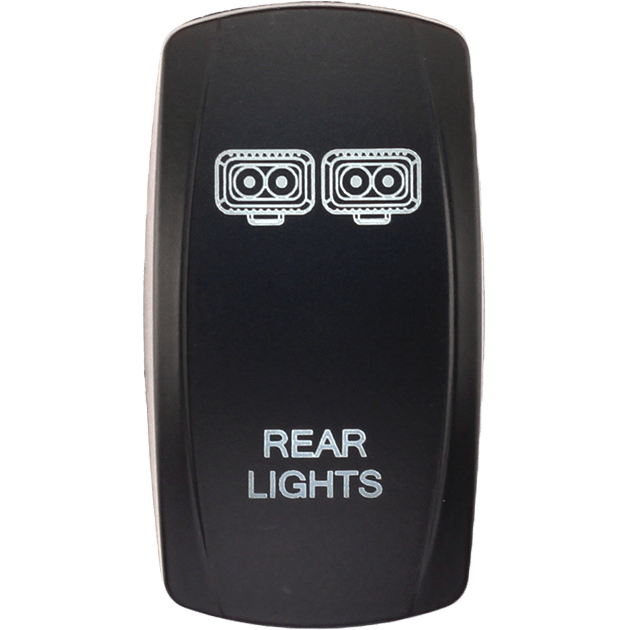 The Dash Switch Rocker Face Rear Lights by XTC Power is a black switch labeled REAR LIGHTS, featuring two outlined rear light symbols above the text to indicate control of your vehicle’s rear lights.
