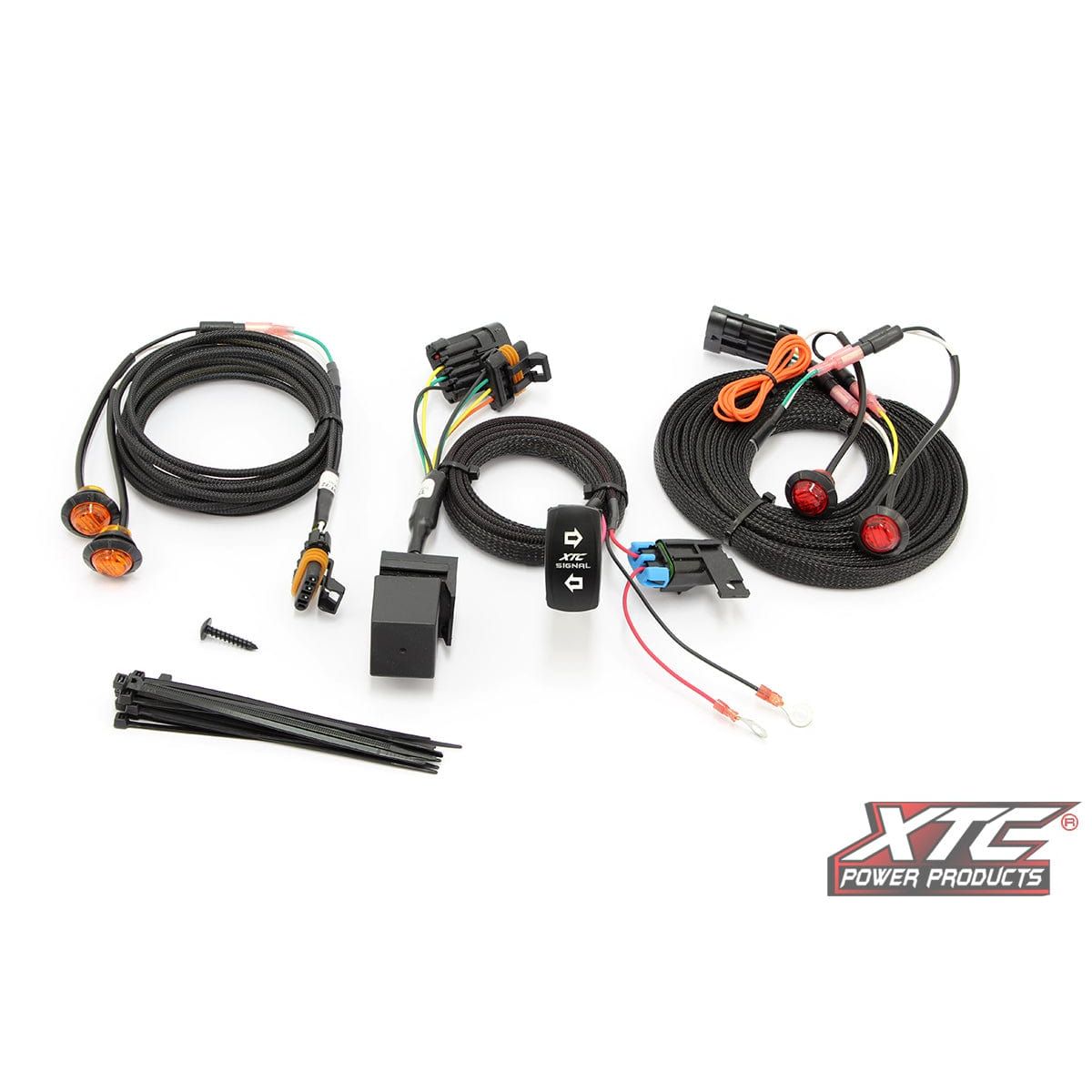 The Standard Turn Signal Kit Universal by XTC Power includes pre-made wire harnesses, cables, connectors, switches, zip ties, screws, and orange and red LED brake lights. XTC Power Products logo is in the bottom right corner.