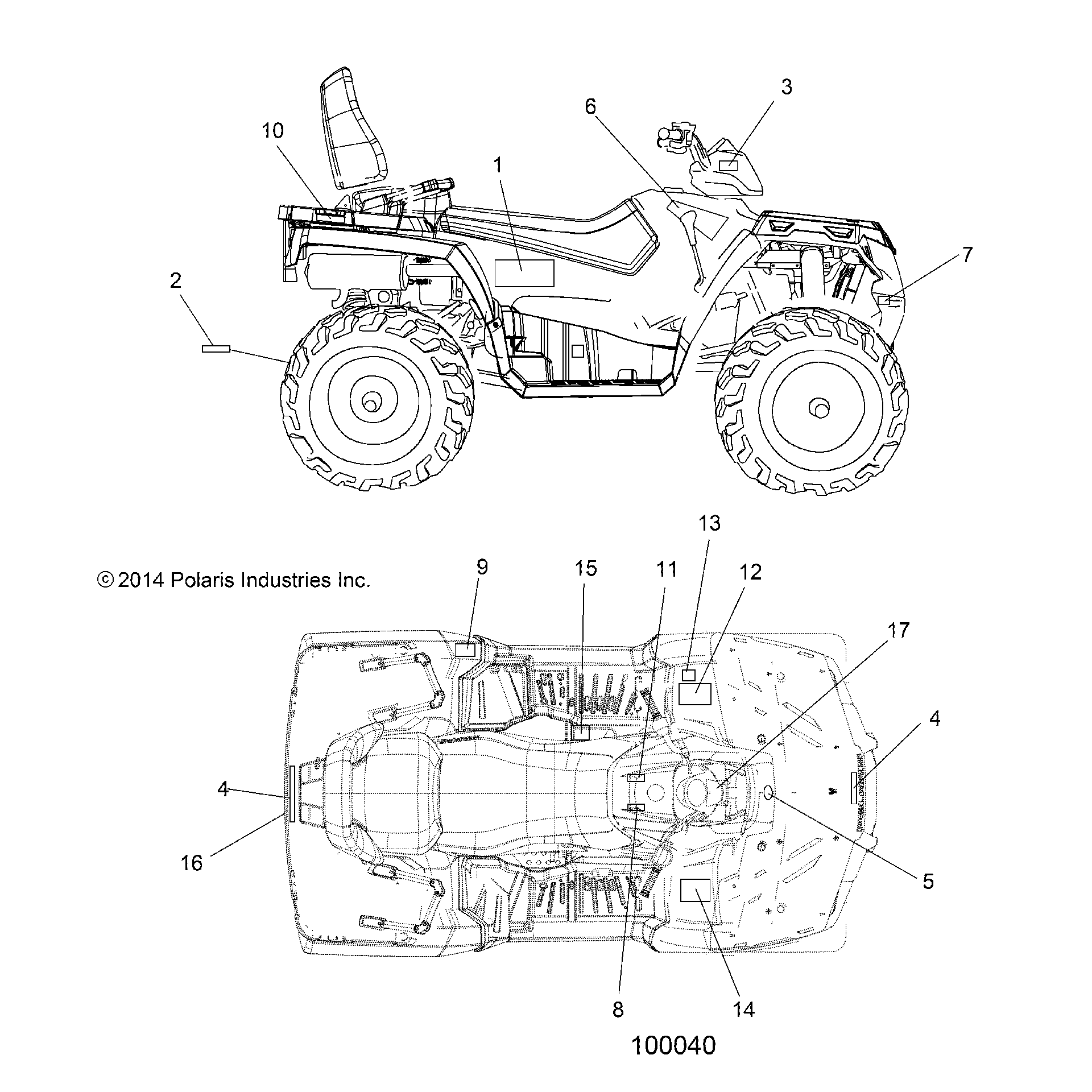 An Image of a Genuine Polaris Parts Schematic Diagram showing the schematic - BODY: DECALS - 2015 POLARIS SPORTSMAN TOURING 570 EFI/EPS
