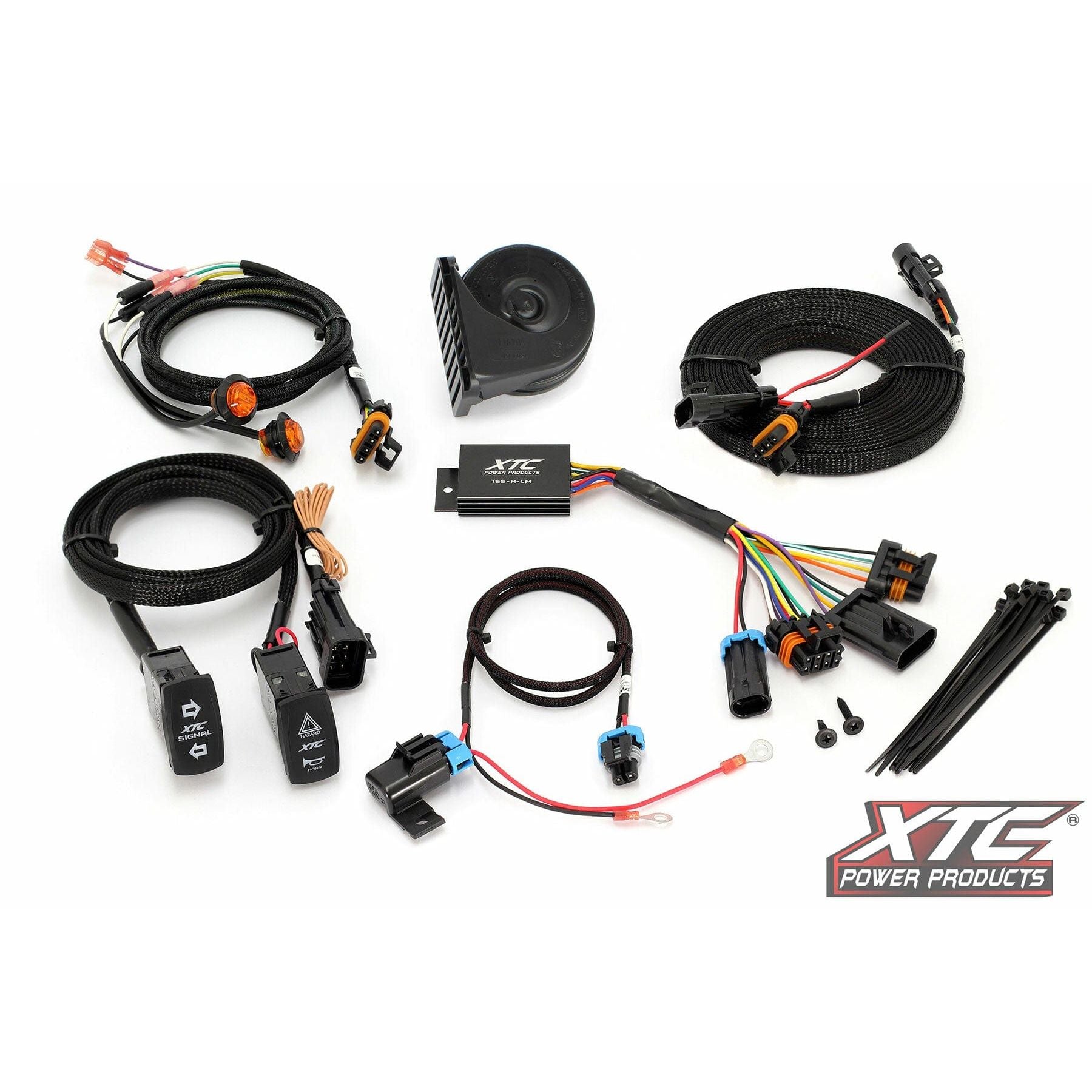 The Self Canceling Turn Signal Kit Pol by XTC Power includes switches, connectors, wires, a relay, zip ties, and a horn for easy Plug and Play auto installation. All components are neatly shown with the XTC Power Products logo at the bottom right.