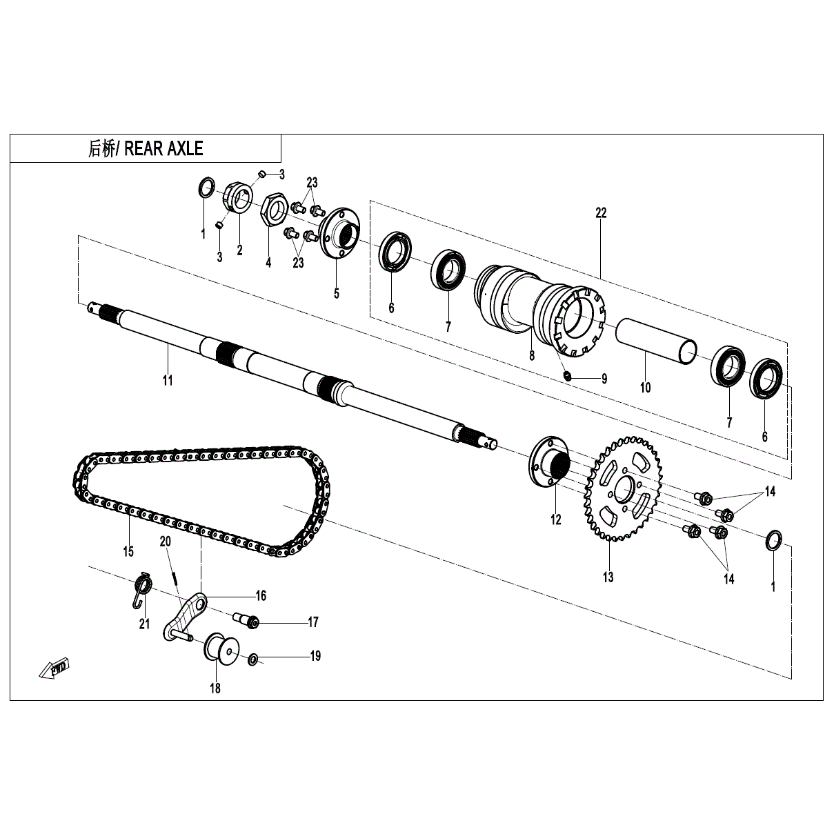 An Image of a genuine CFMOTO Parts Schematic Diagram showing the group - REAR AXLE - 2024 CFMOTO CFORCE 110