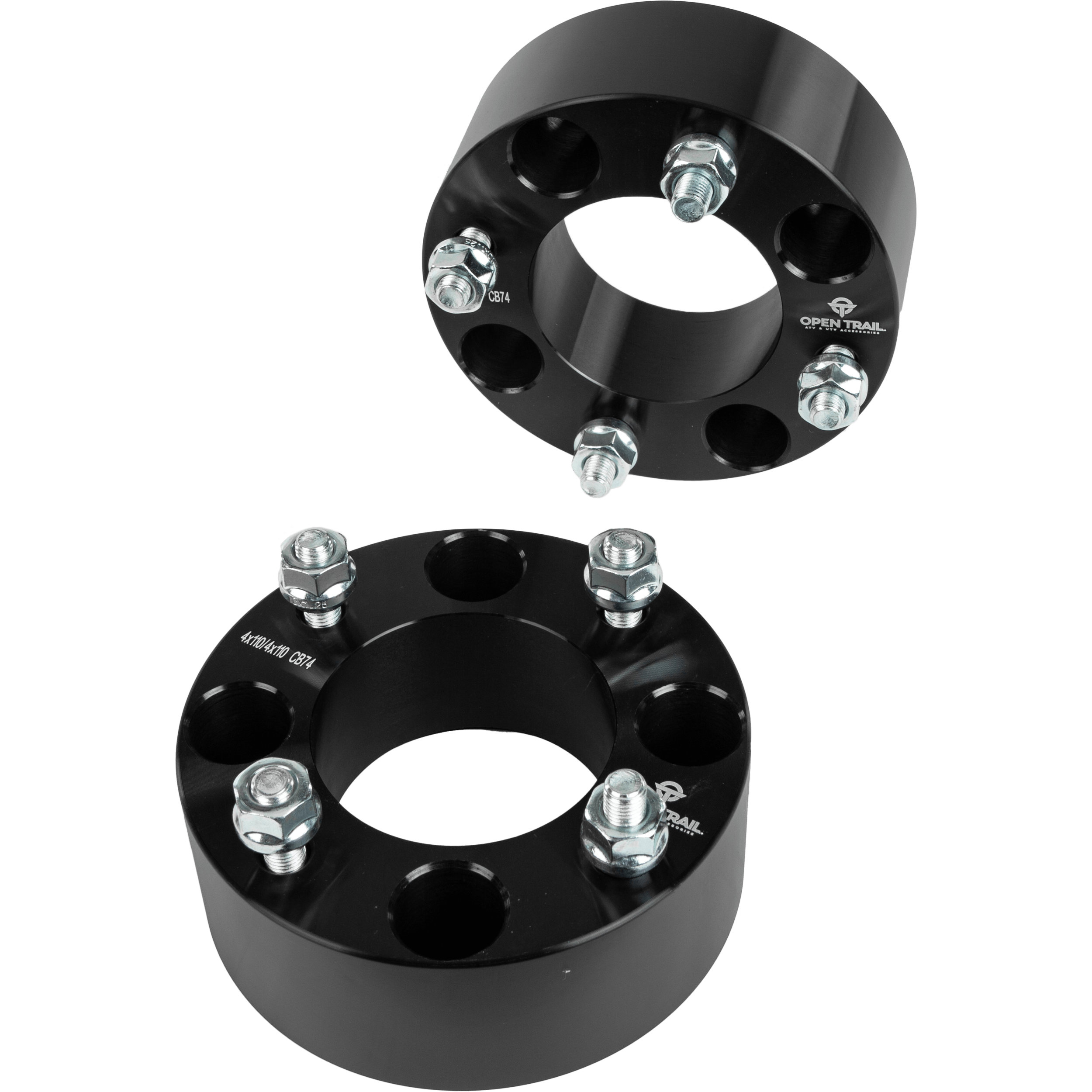 A pair of Wheel Spacer 2 4/110 Stud: 10Mm X 1.25Mm by Open Trail, black aluminum with silver bolts and nuts, fits vehicle wheel hubs for better traction; cylindrical, multi-holed design with brand markings.