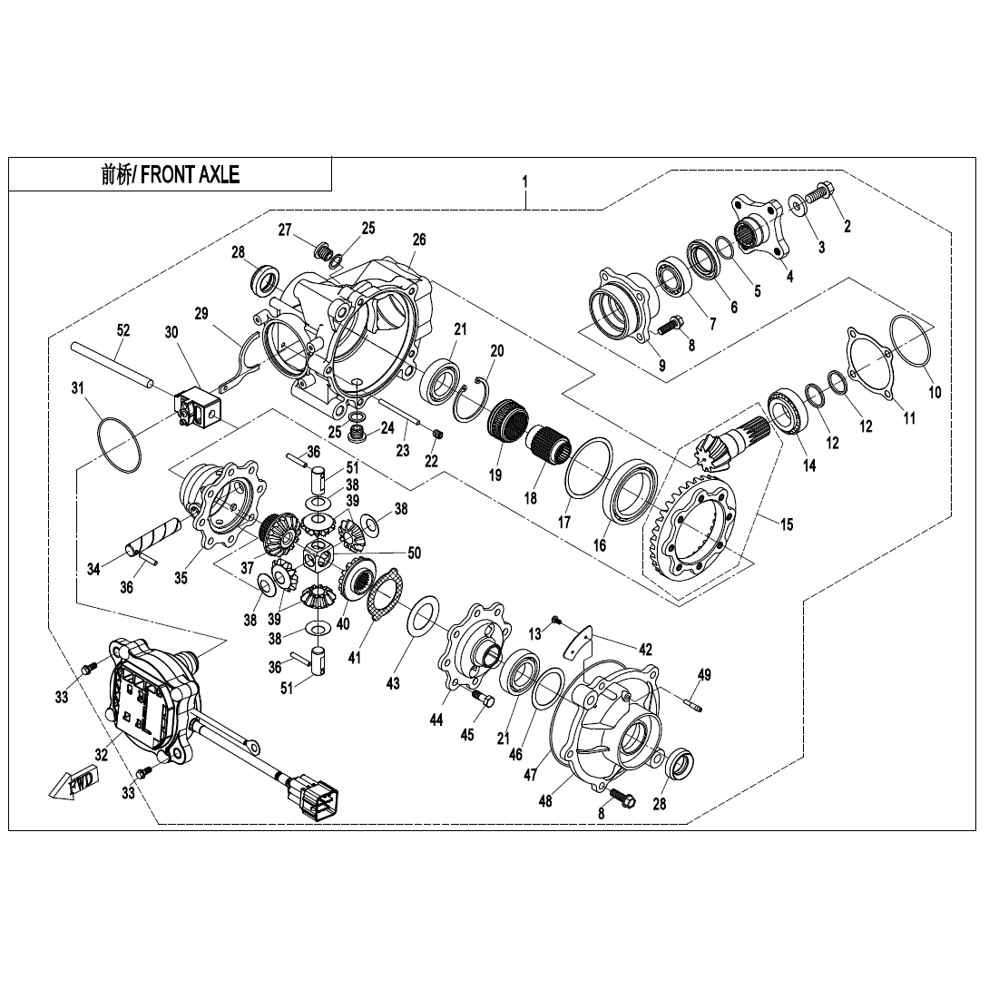 An Image of a genuine CFMOTO Parts Schematic Diagram showing the group - FRONT AXLE - 2020 CFMOTO CFORCE 600