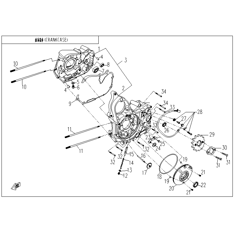 An Image of a genuine CFMOTO Parts Schematic Diagram showing the group - CRANKCASE - 2023 CFMOTO CFORCE 110
