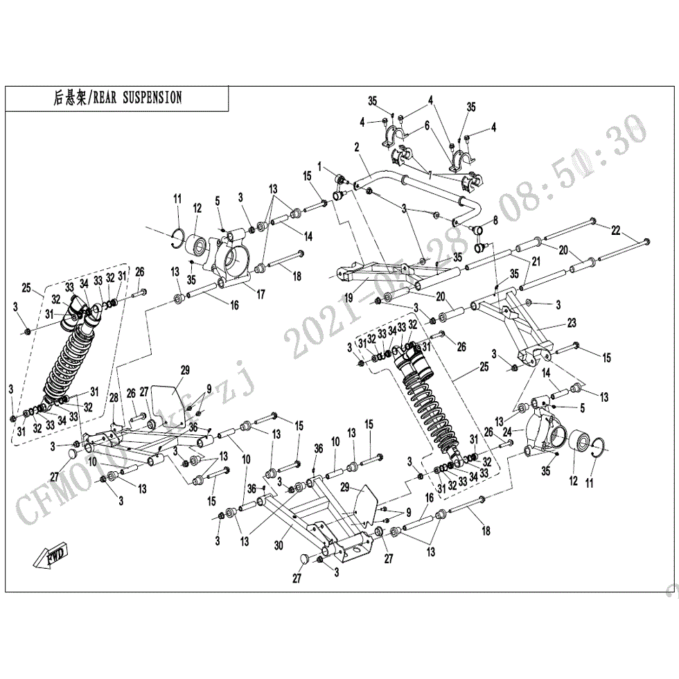 An Image of a Genuine CFMOTO Parts Schematic Diagram showing the schematic - REAR SUSPENSION - 2022 CFMOTO ZFORCE 800 EX
