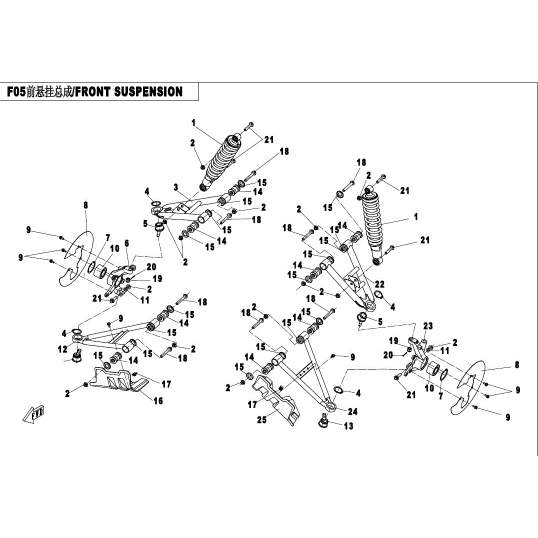 An Image of a genuine CFMOTO Parts Schematic Diagram showing the group - FRONT SUSPENSION - 2017 CFMOTO CFORCE 500 HO