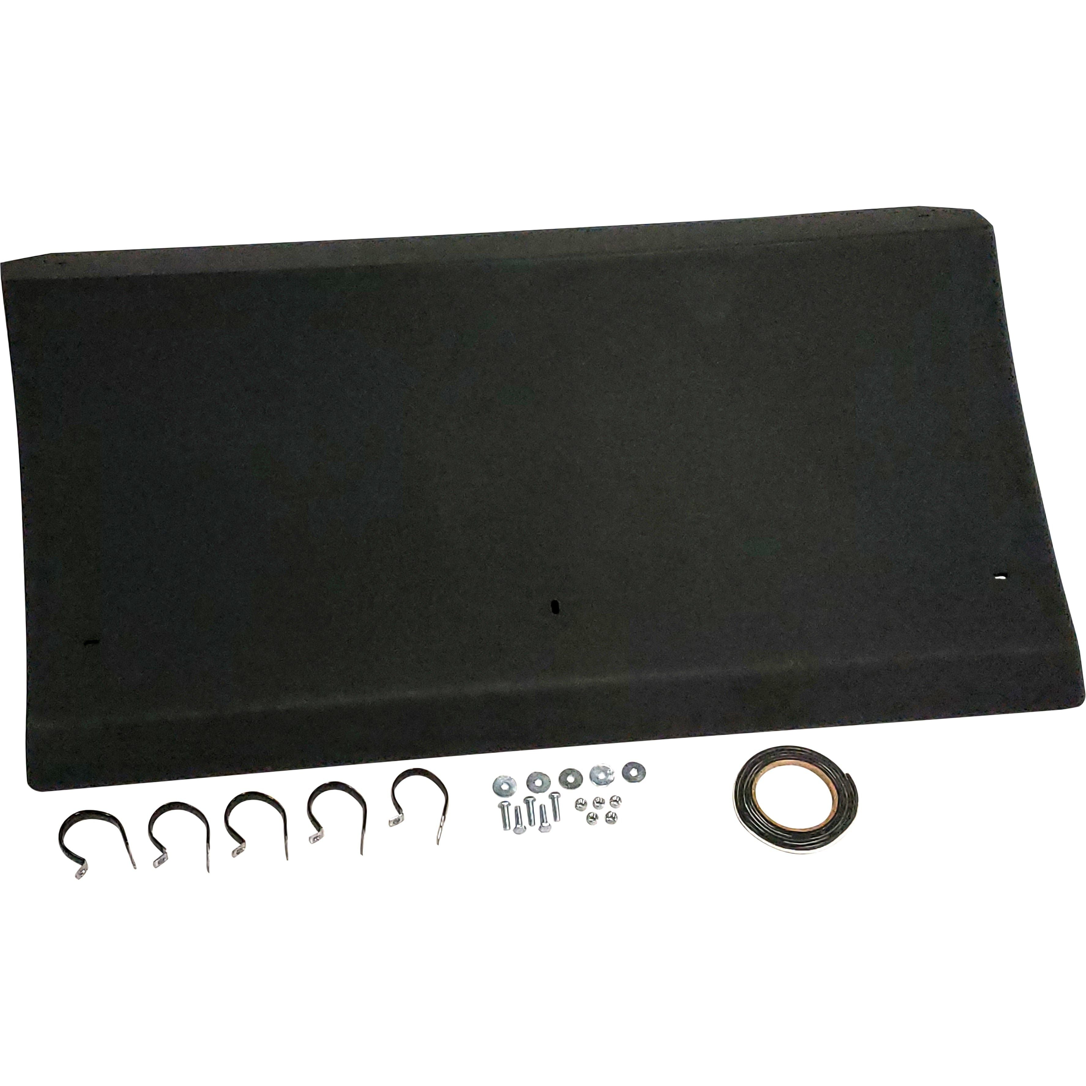 The Honda Pioneer 500 (2015-2022) UTV Molded Roof by Open Trail is shown in black HDPE with installation hardware—six hooks, screws, washers, nuts, galvanized steel clamps, and a coiled strip—neatly arranged on a white background.