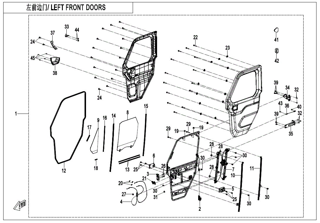 Explore the exploded diagram of the Door Fullpower Left Front Xl by CF Moto—showing glass, handles, seals, wiring, and internal parts labeled. Find similar diagrams and OEM ATV off road vehicle parts at Witchdoctors.com.