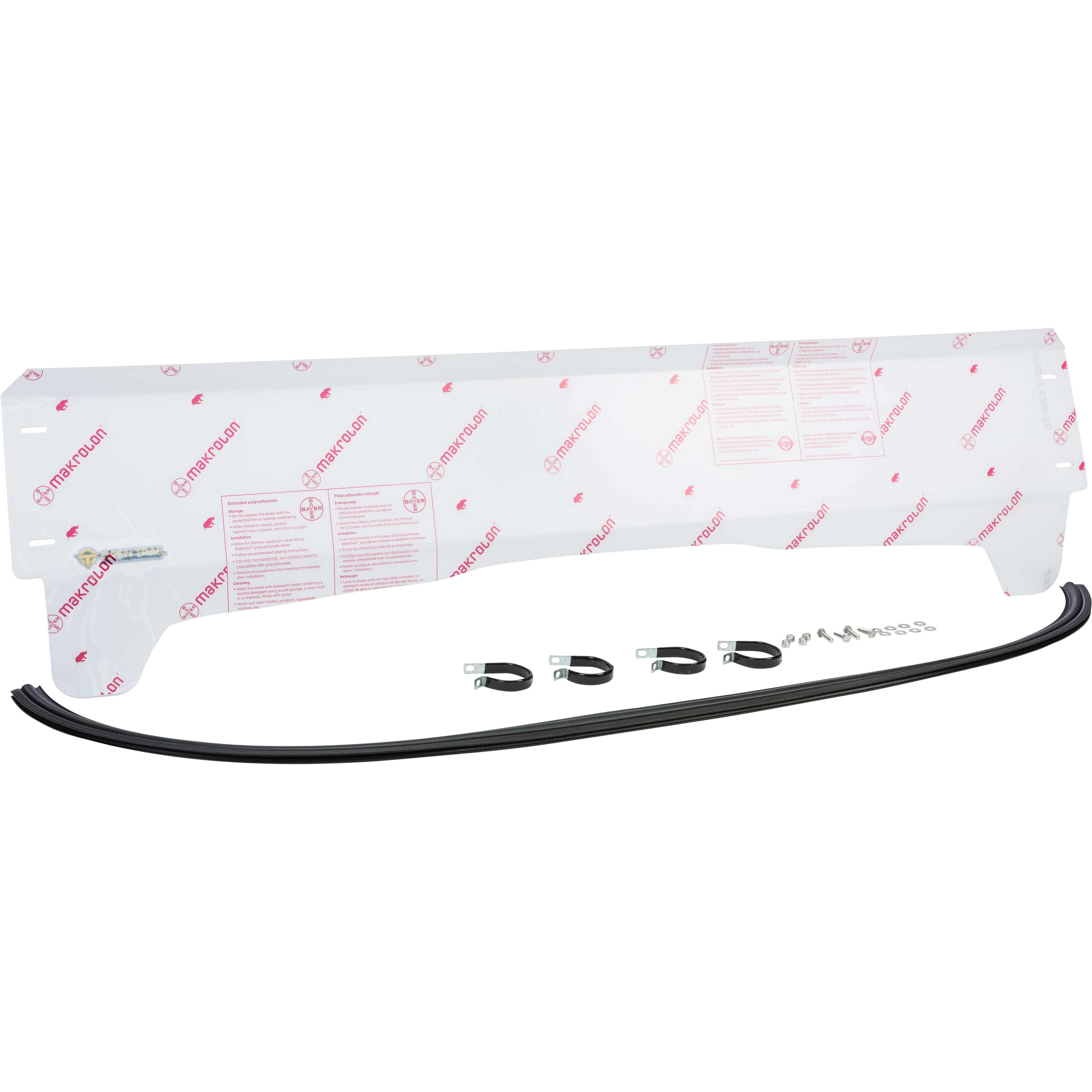 Half Windshield by Open Trail, made from Makrolon Polycarbonate, features red text, three black mounting brackets, screws, nuts, and a long black rubber strip—all arranged in front of the shield on a white background for easy roll bar installation.