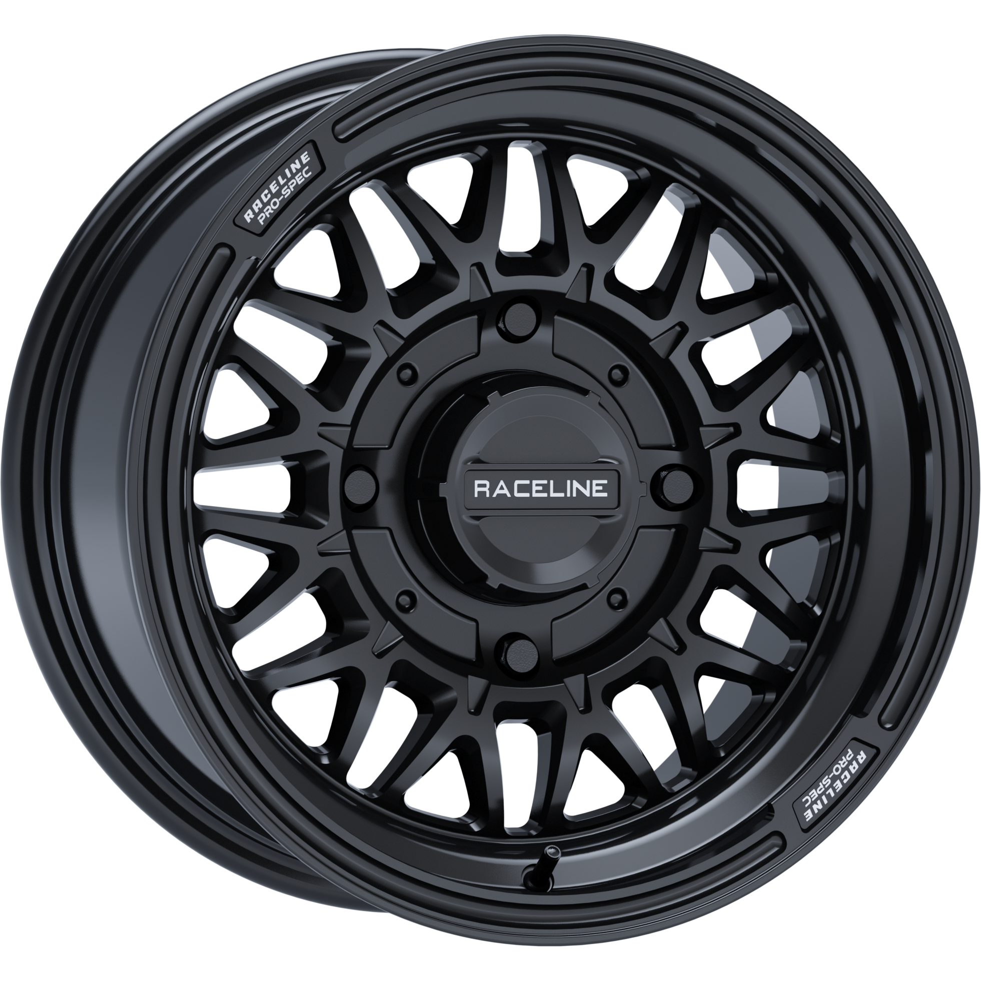Two ATV/UTV Raceline Omega 15x7 4/137 wheels in gloss black are stacked, with the front showcasing an intricate multi-spoke pattern and the RACELINE logo on the center cap.