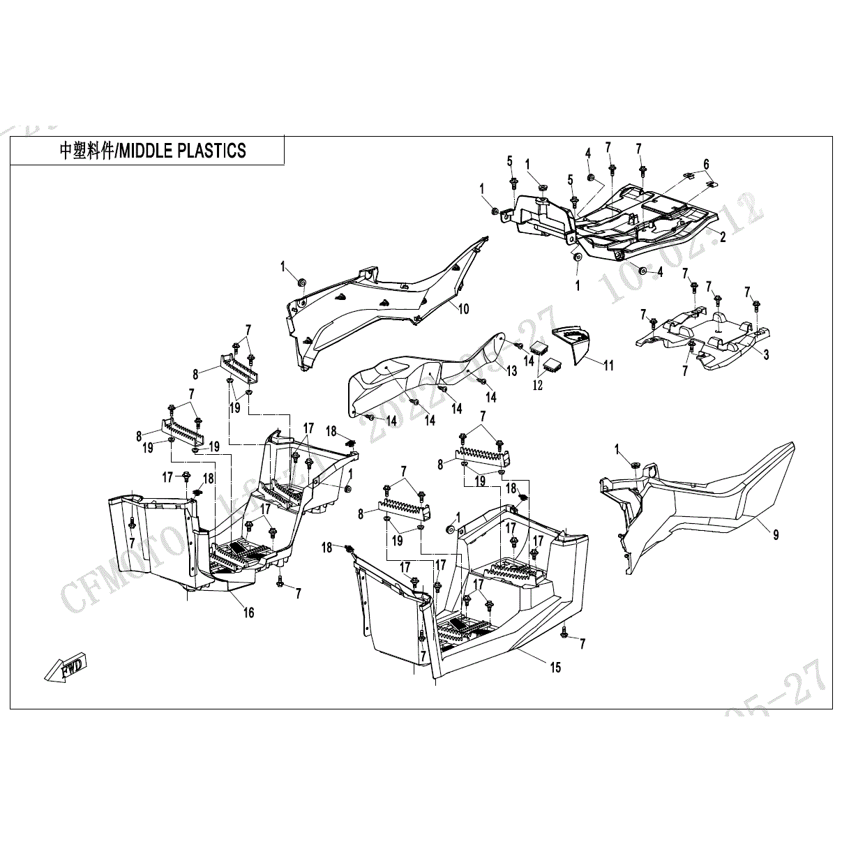 An Image of a genuine CFMOTO Parts Schematic Diagram showing the group - MIDDLE PLASTICS - 2024 CFMOTO CFORCE 1000
