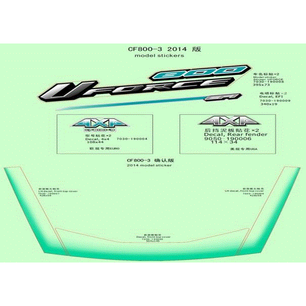 An Image of a Genuine CFMOTO Parts Schematic Diagram showing the schematic - DECAL KIT - 2015 CFMOTO UFORCE 800