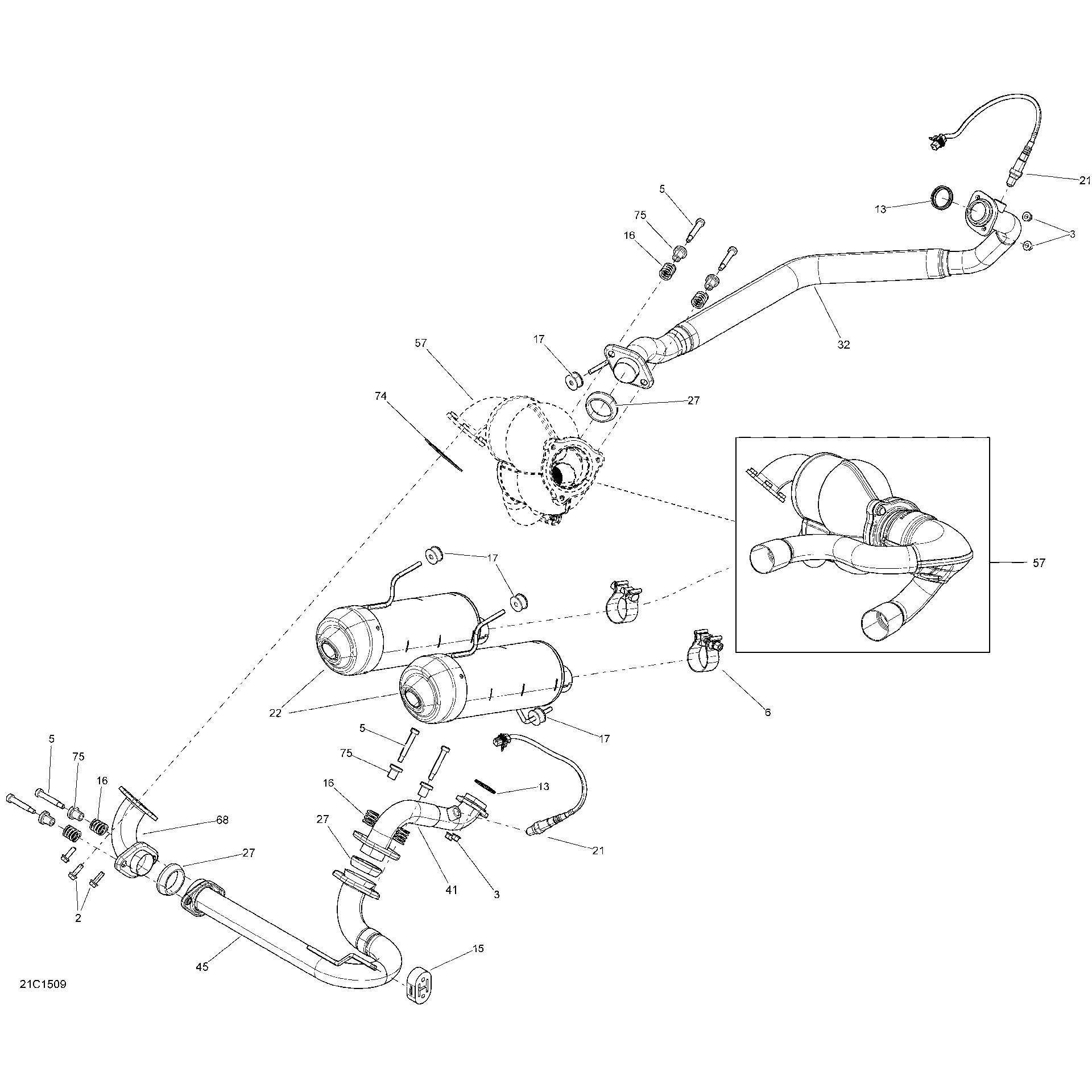 An Image of a Genuine Can-Am Parts Schematic Diagram showing the schematic - EXHAUST SYSTEM _21C1509