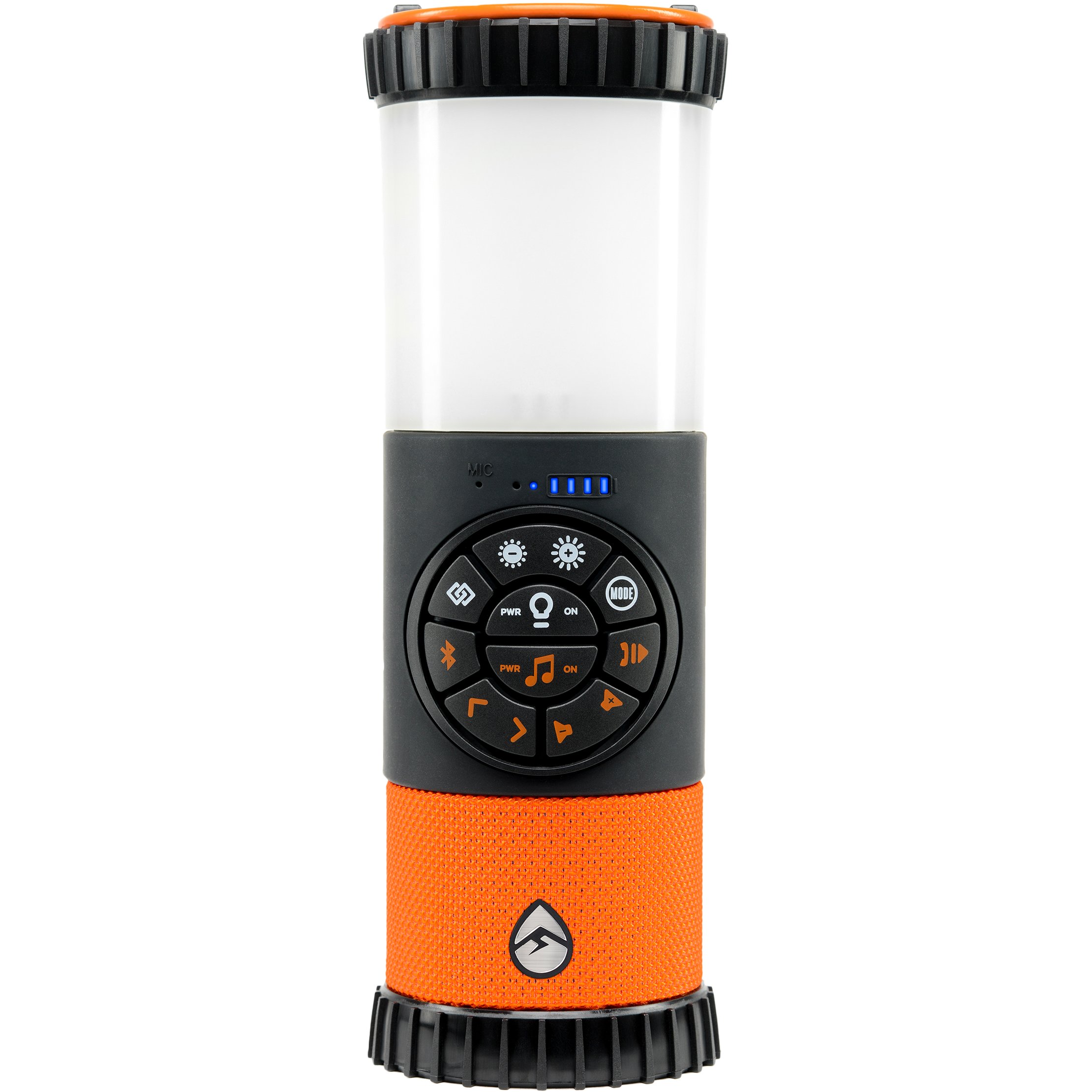The Ecolantern LED Lantern and Bluetooth Portable Speaker by EcoXGear is a cylindrical orange and black device with control buttons, LED indicators, and speaker symbols, serving as both a lantern and a Bluetooth speaker.