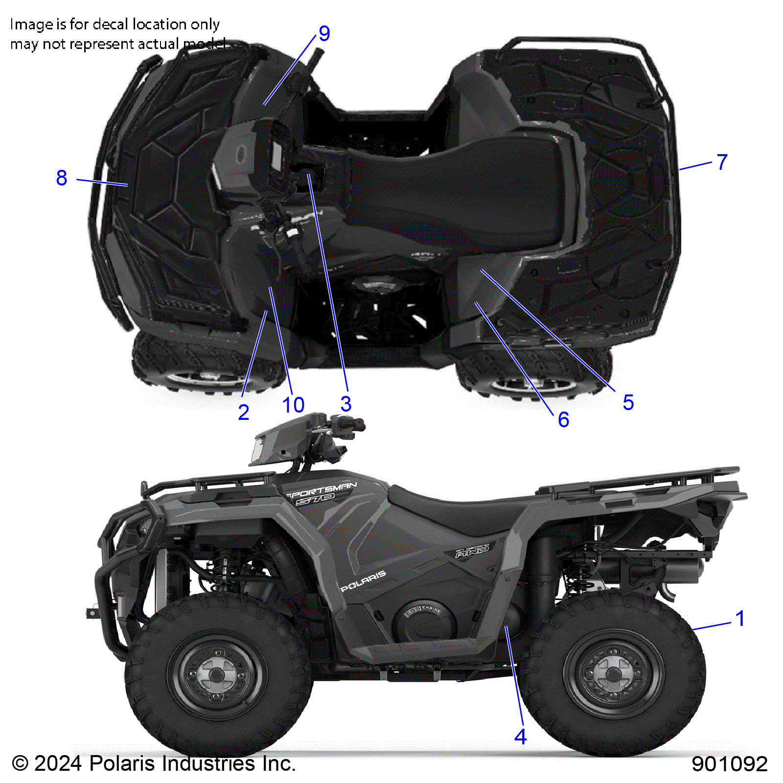An Image of a Genuine Polaris Parts Schematic Diagram showing the schematic - BODY: DECALS STANDARD - 2025 POLARIS SPORTSMAN 570 UTILITY