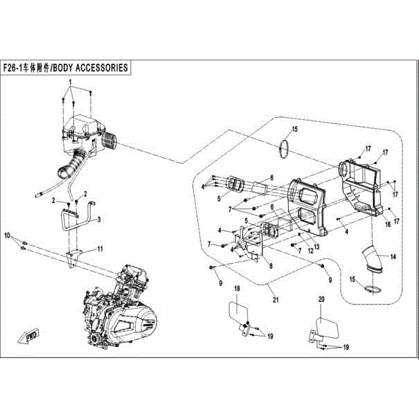 An Image of a Genuine CFMOTO Parts Schematic Diagram showing the schematic - BODY ACCESSORIES(3) - 2016 CFMOTO UFORCE 500