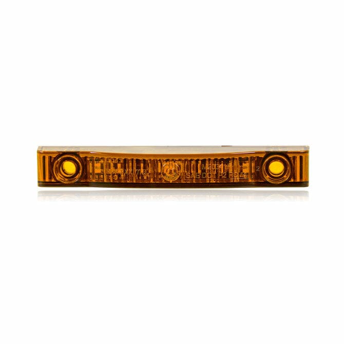 The Univ 4 LED Turn Signal Light Pair by XTC Power features an amber rectangular design with two circular ends, suitable for vehicles, shown against a white background.