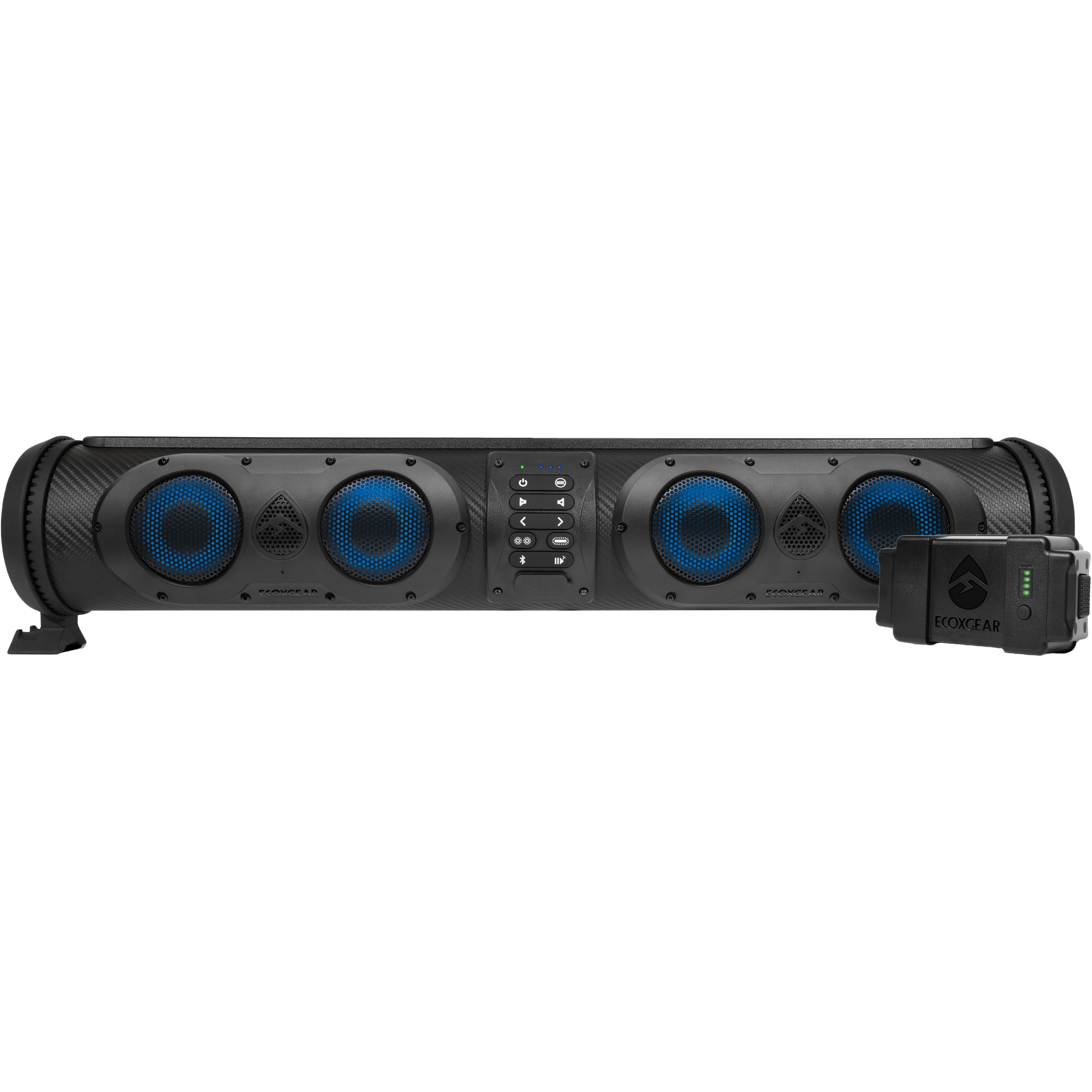 The Soundextreme 26" Battery Powered Soundbar by EcoXGear is a black, marine-grade Bluetooth 5.0 speaker with four front blue-lit drivers, center control buttons, and a detachable side module, set against a white background.
