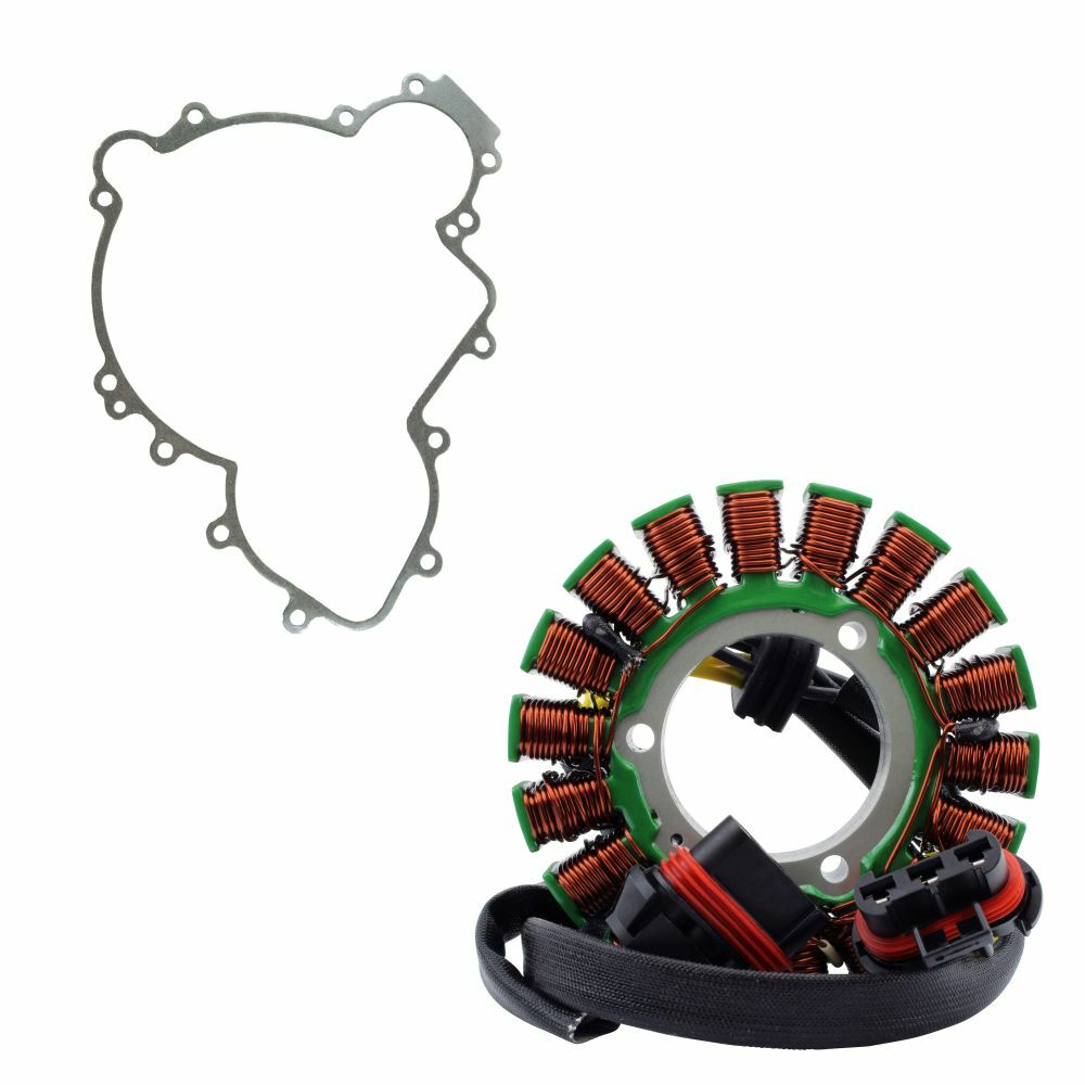 Gray irregularly shaped metal stator gasket with multiple mounting holes next to a circular copper coil stator with black.