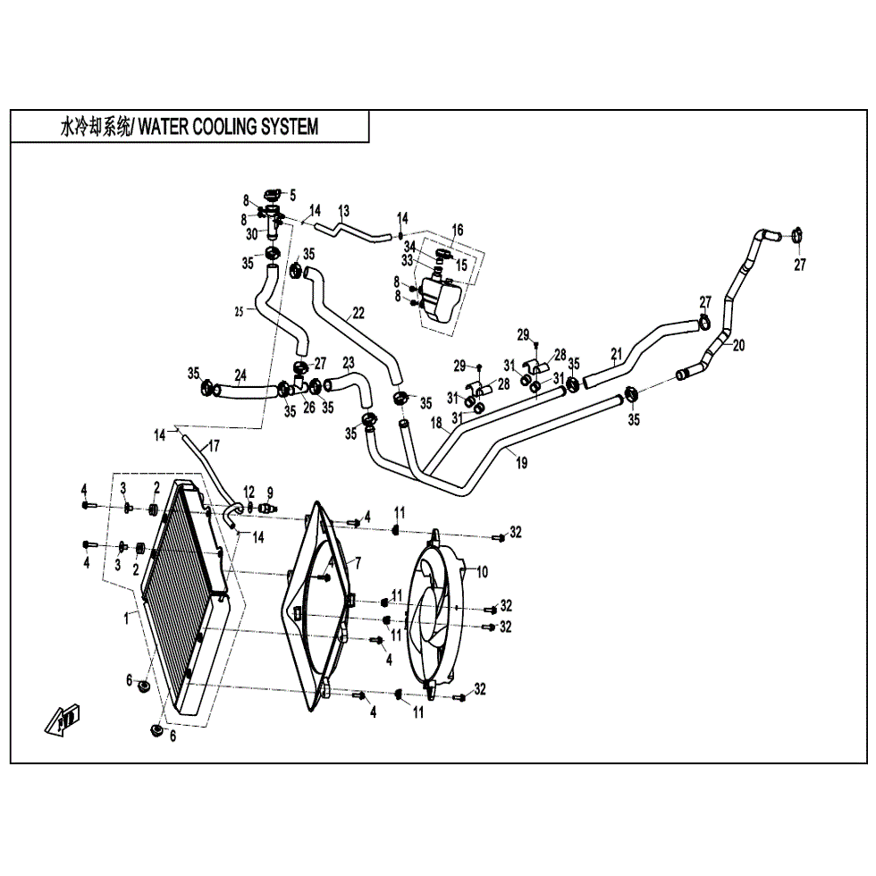 An Image of a Genuine CFMOTO Parts Schematic Diagram showing the schematic - WATER COOLING SYSTEM - 2022 CFMOTO ZFORCE 800 Trail