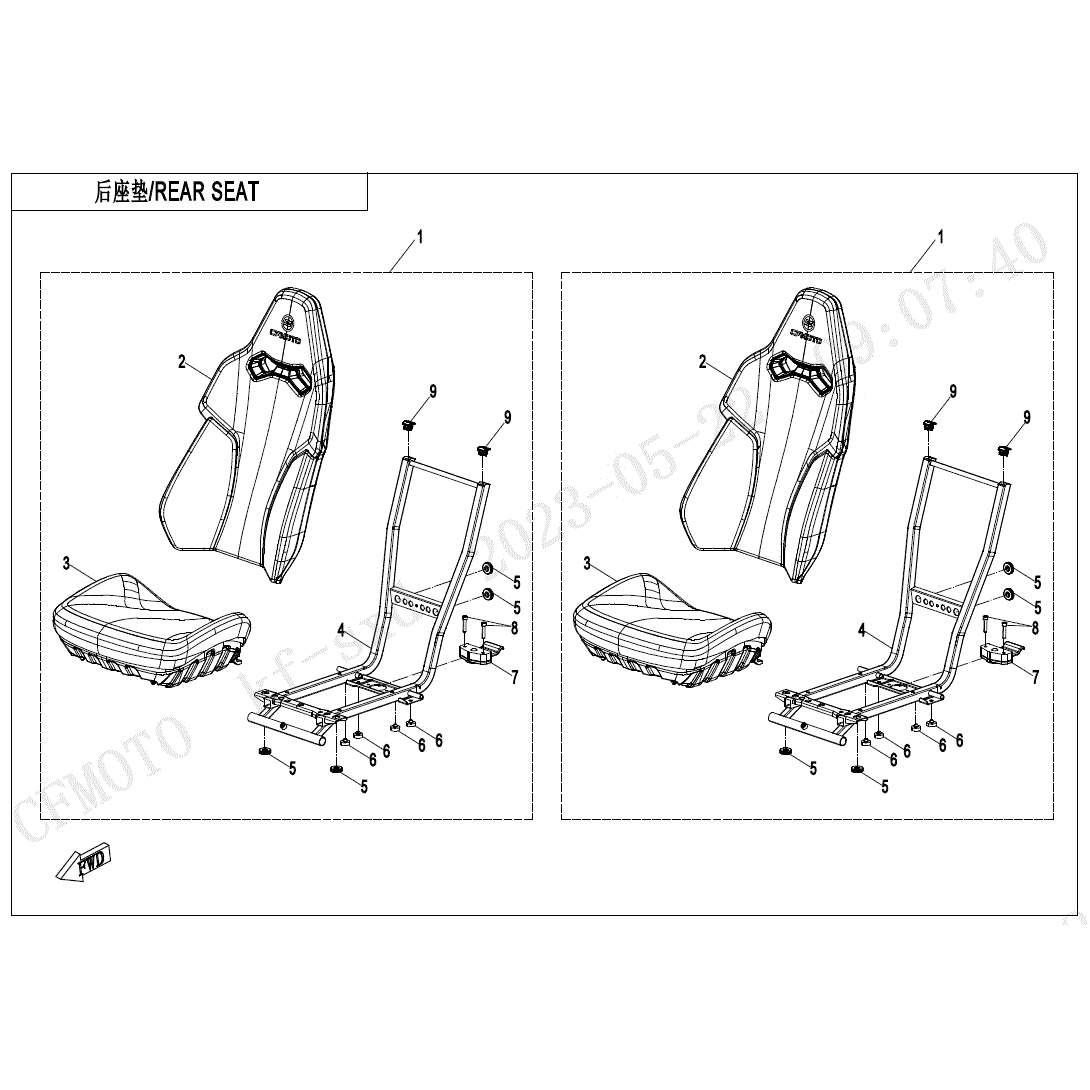 An Image of a Genuine CFMOTO Parts Schematic Diagram showing the schematic - REAR SEAT - 2024 CFMOTO ZFORCE 950