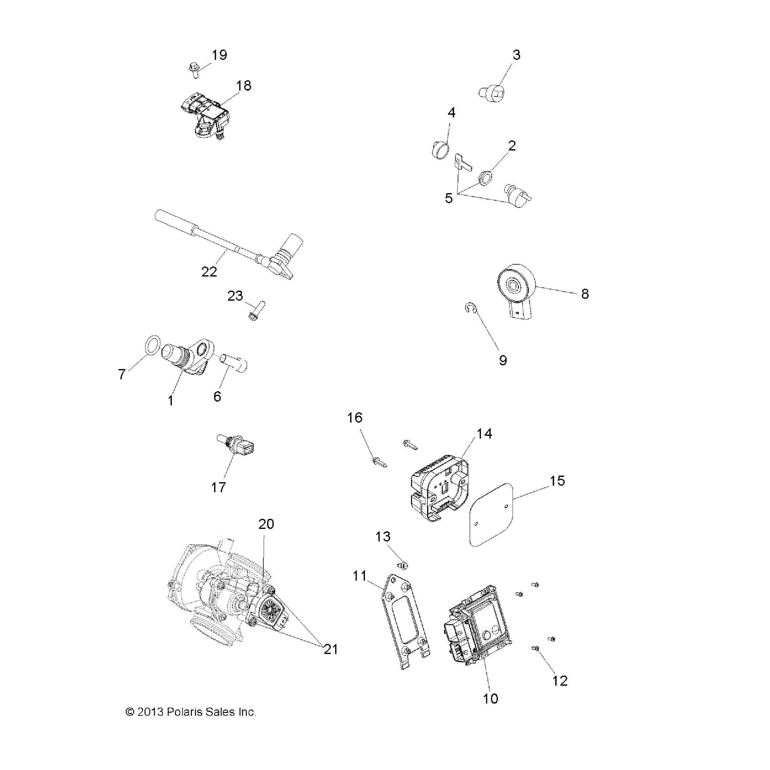 An Image of a Genuine Polaris Parts Schematic Diagram showing the schematic - ELECTRICAL: SWITCHES SENSORS and ECM - 2016 POLARIS SPORTSMAN 570 EFI