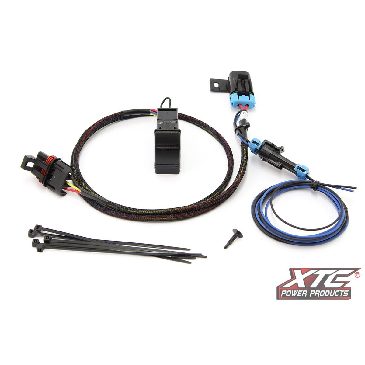 The Pulse Power System Light Duty Pol by XTC Power includes connectors, a diode-protected switch, blue/black wires, zip ties, and a screw. The XTC Power Products logo appears in the bottom right on a white background.