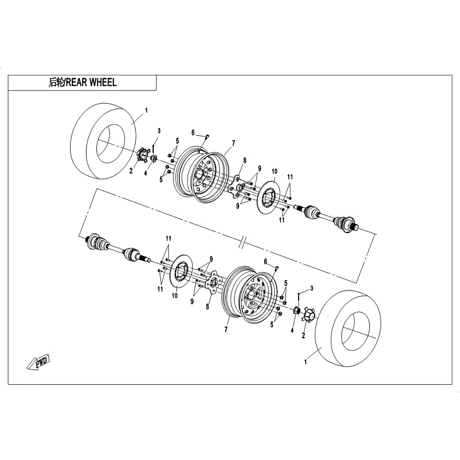 An Image of a Genuine CFMOTO Parts Schematic Diagram showing the schematic - REAR WHEEL ASSY (2018) - 2019 CFMOTO ZFORCE 500